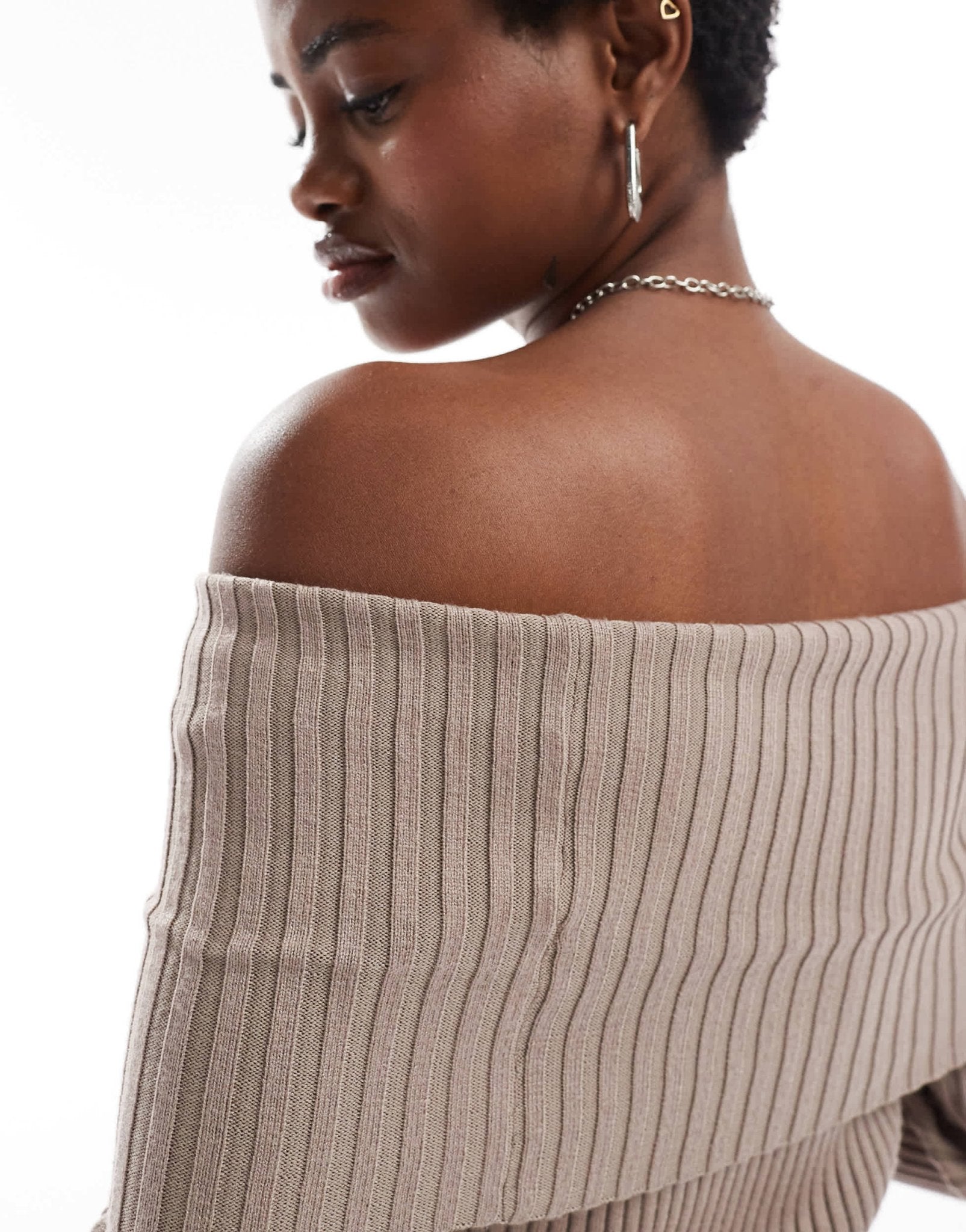 Glamorous off shoulder rib knit jumper in taupe co - ord - ASOS Sample Sale