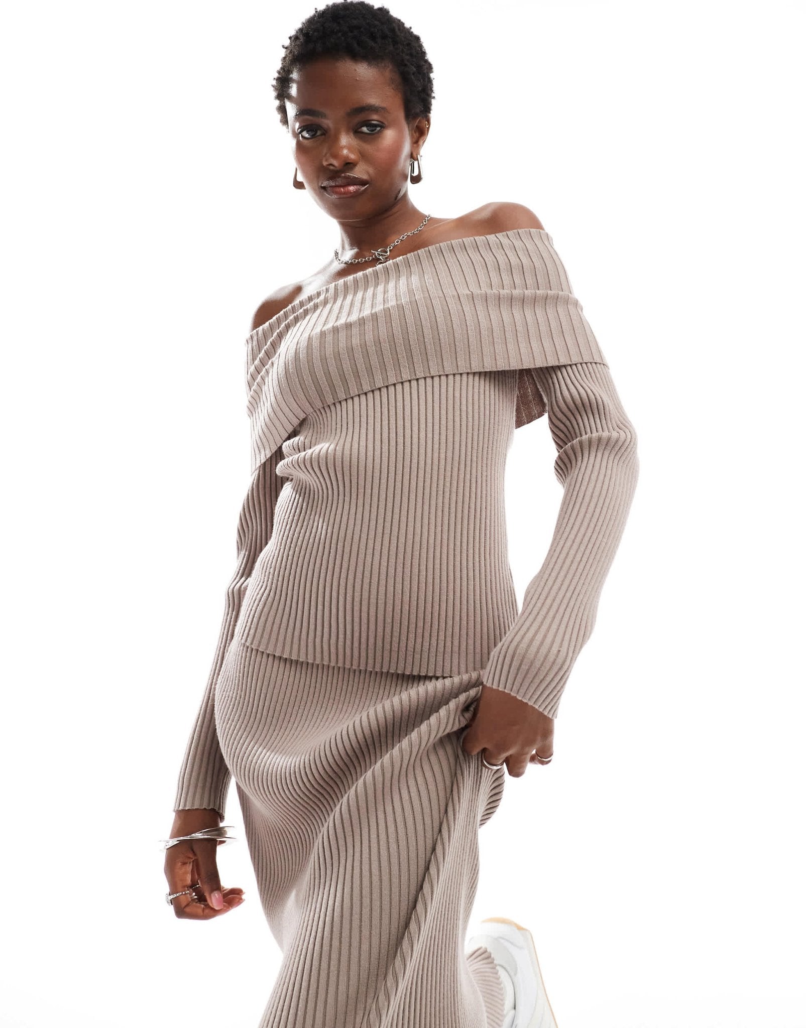 Glamorous off shoulder rib knit jumper in taupe co - ord - ASOS Sample Sale