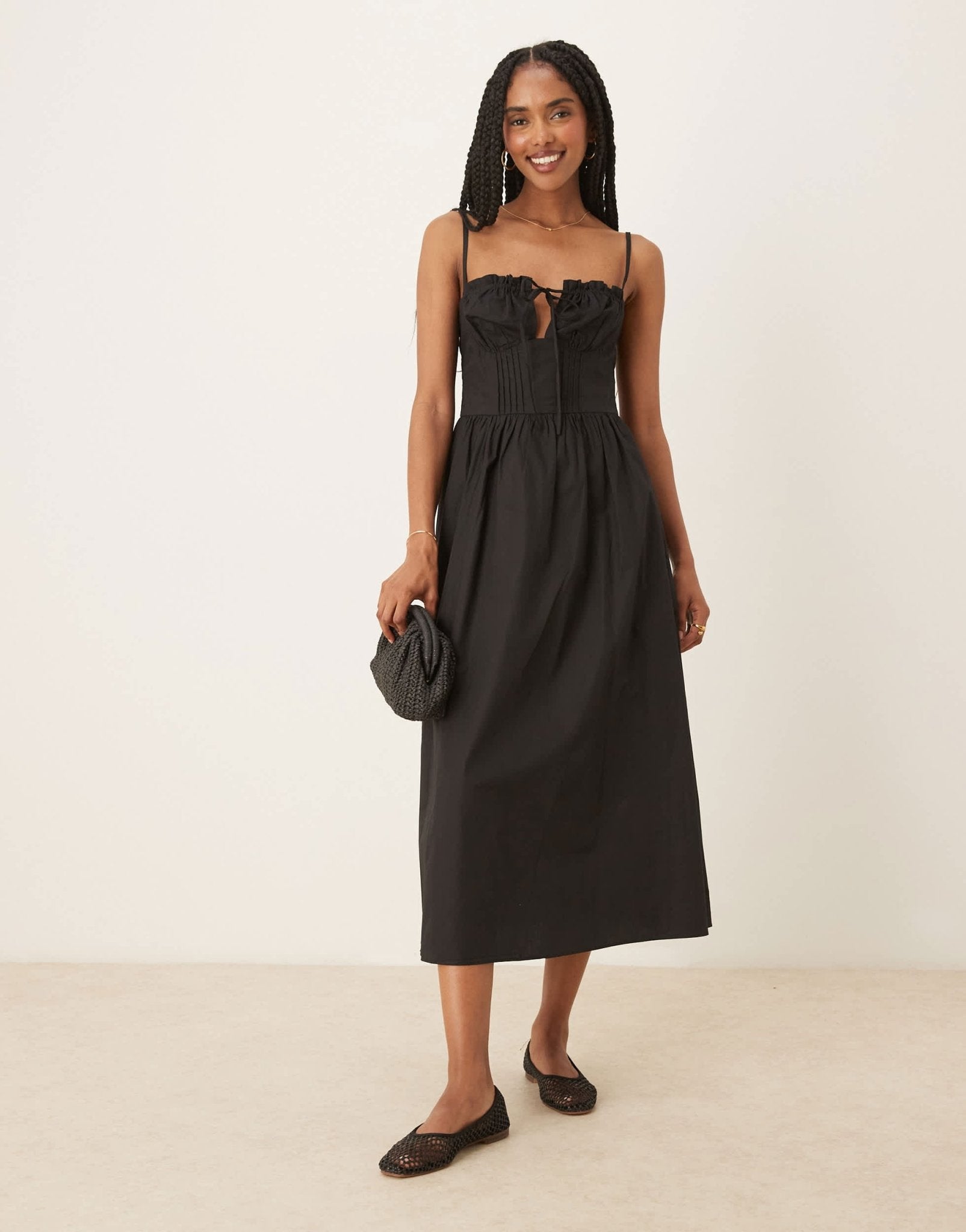 Glamorous poplin midi dress with tie bust in black - ASOS Sample Sale