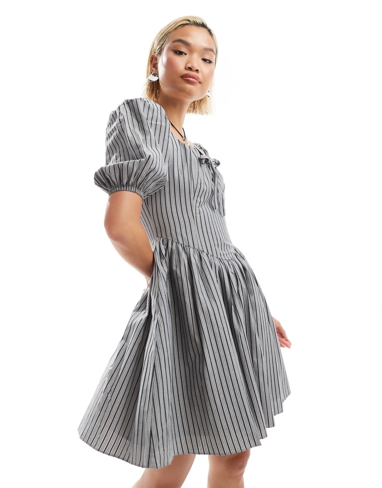 Glamorous scoop neck bow detail mini romantic dress in black stripe – ASOS  Sample Sale