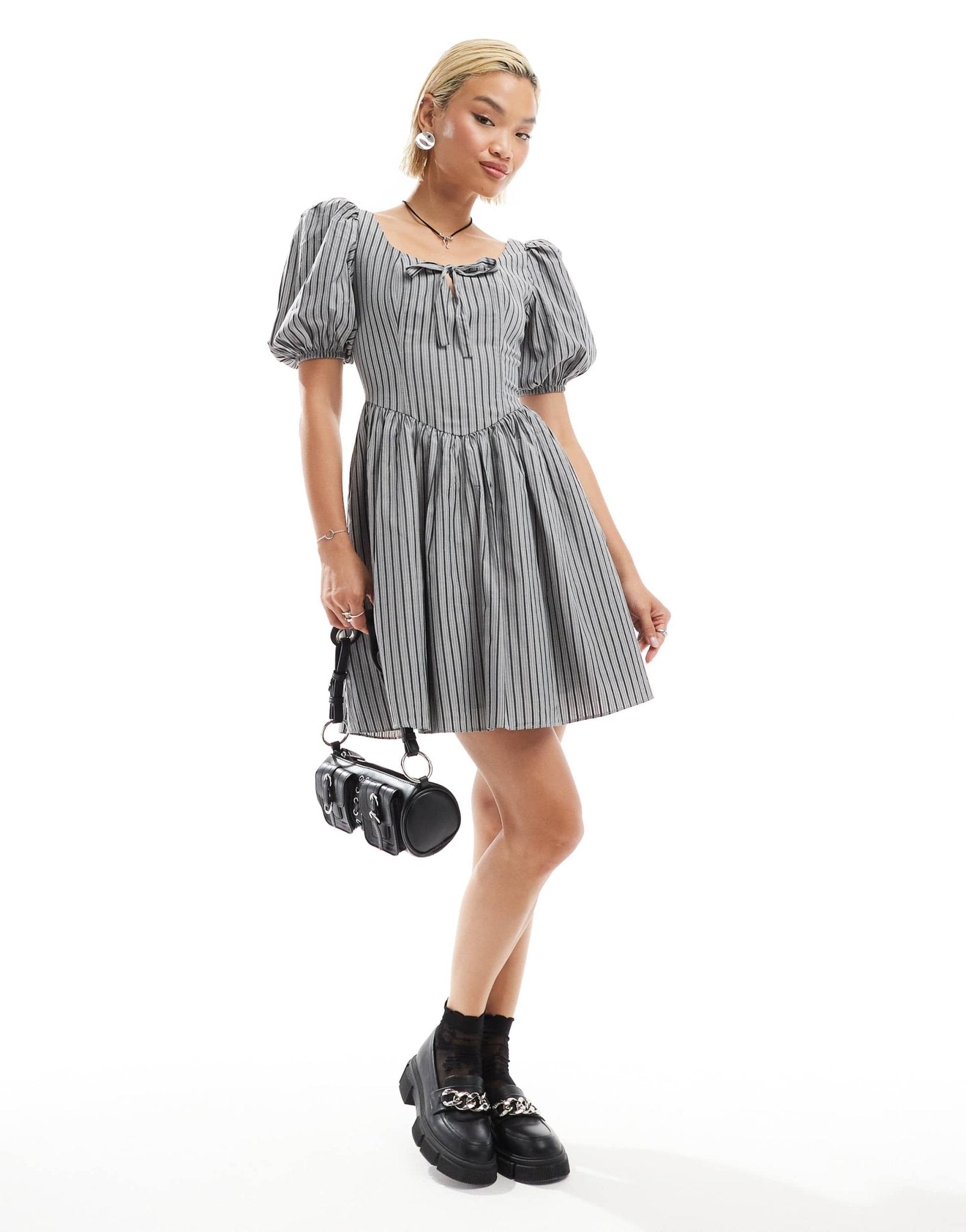 Glamorous scoop neck bow detail mini romantic dress in black stripe - ASOS Sample Sale