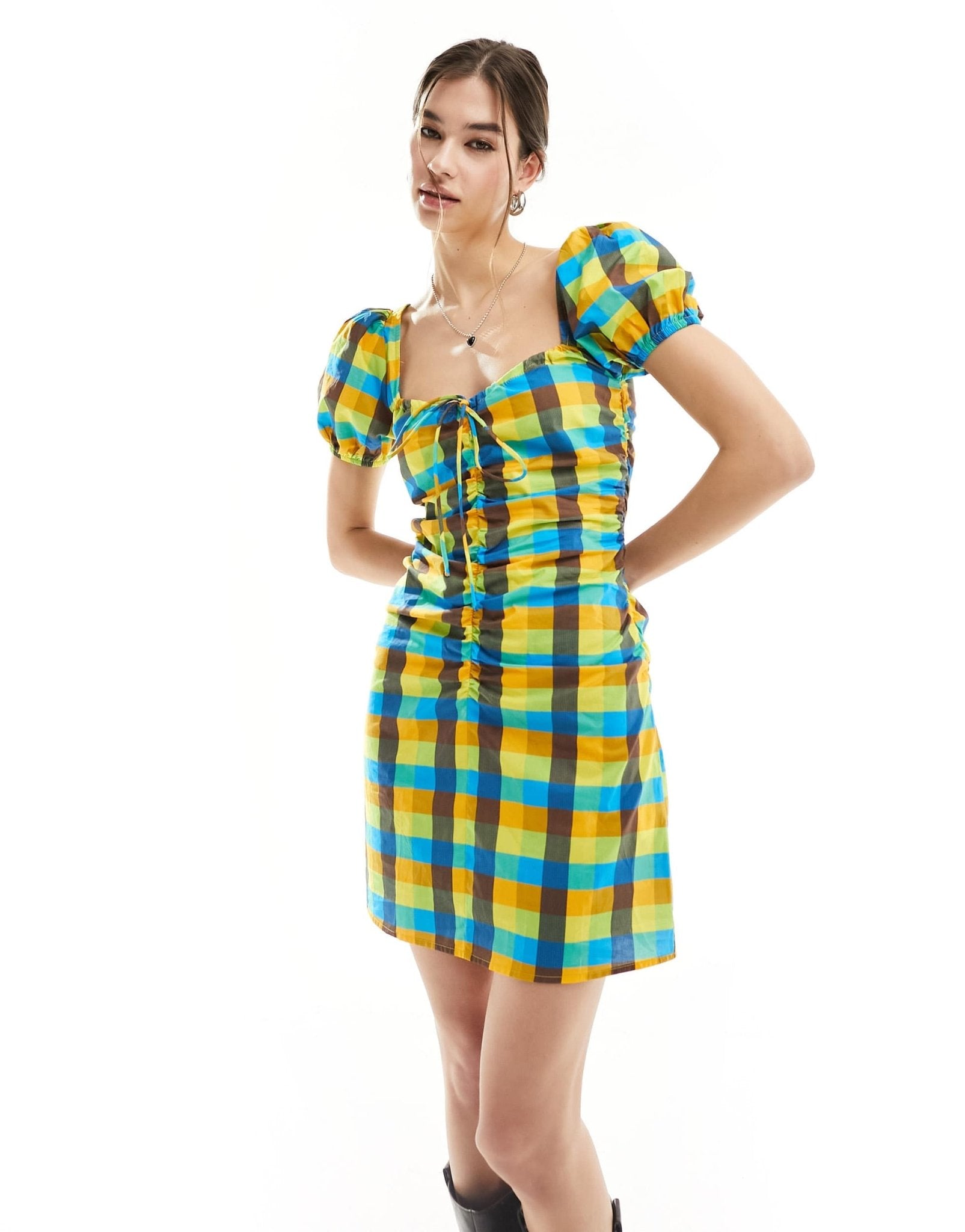 Glamorous scoop neck short sleeve ruched mini dress in bright check - ASOS Sample Sale
