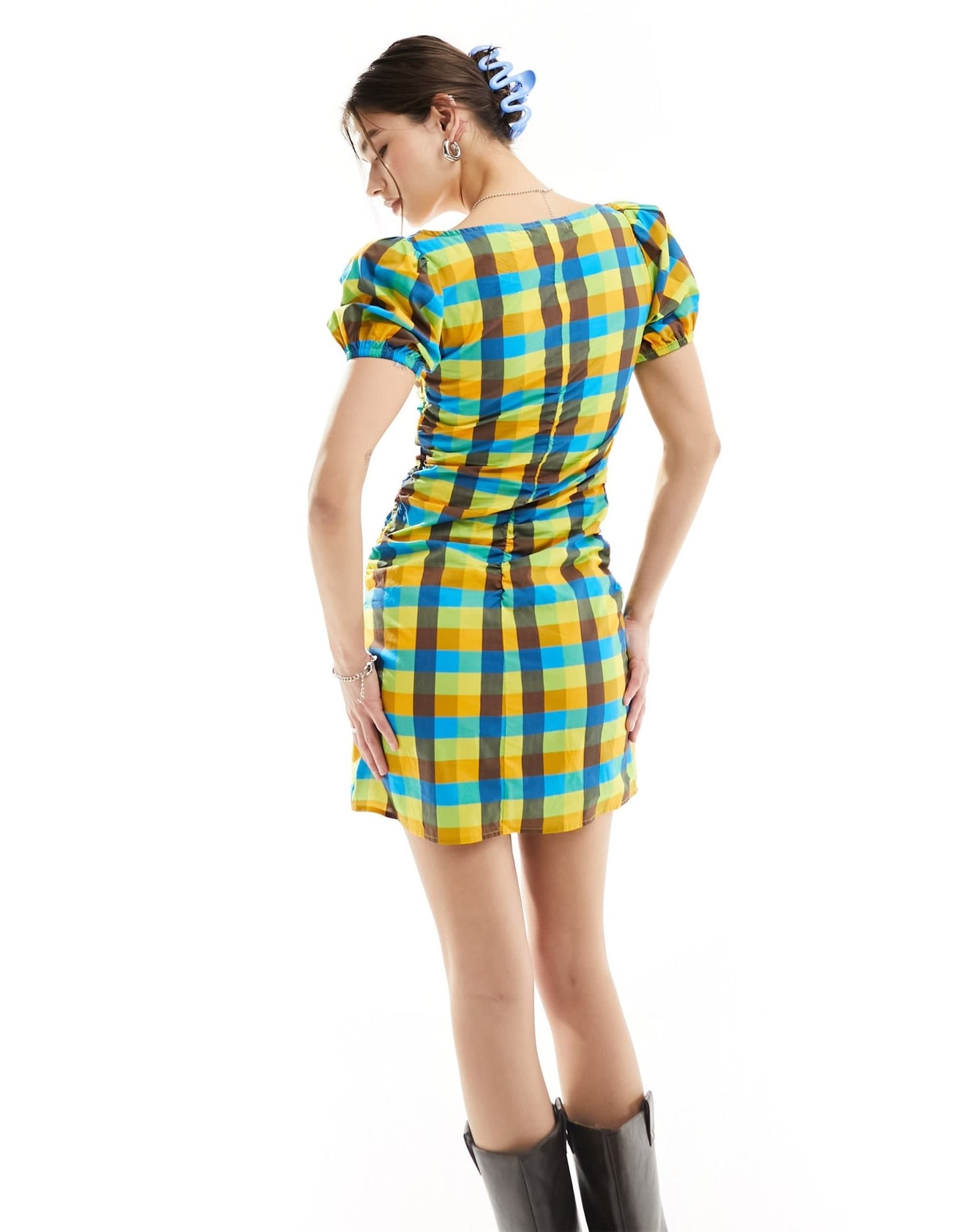 Glamorous scoop neck short sleeve ruched mini dress in bright check - ASOS Sample Sale