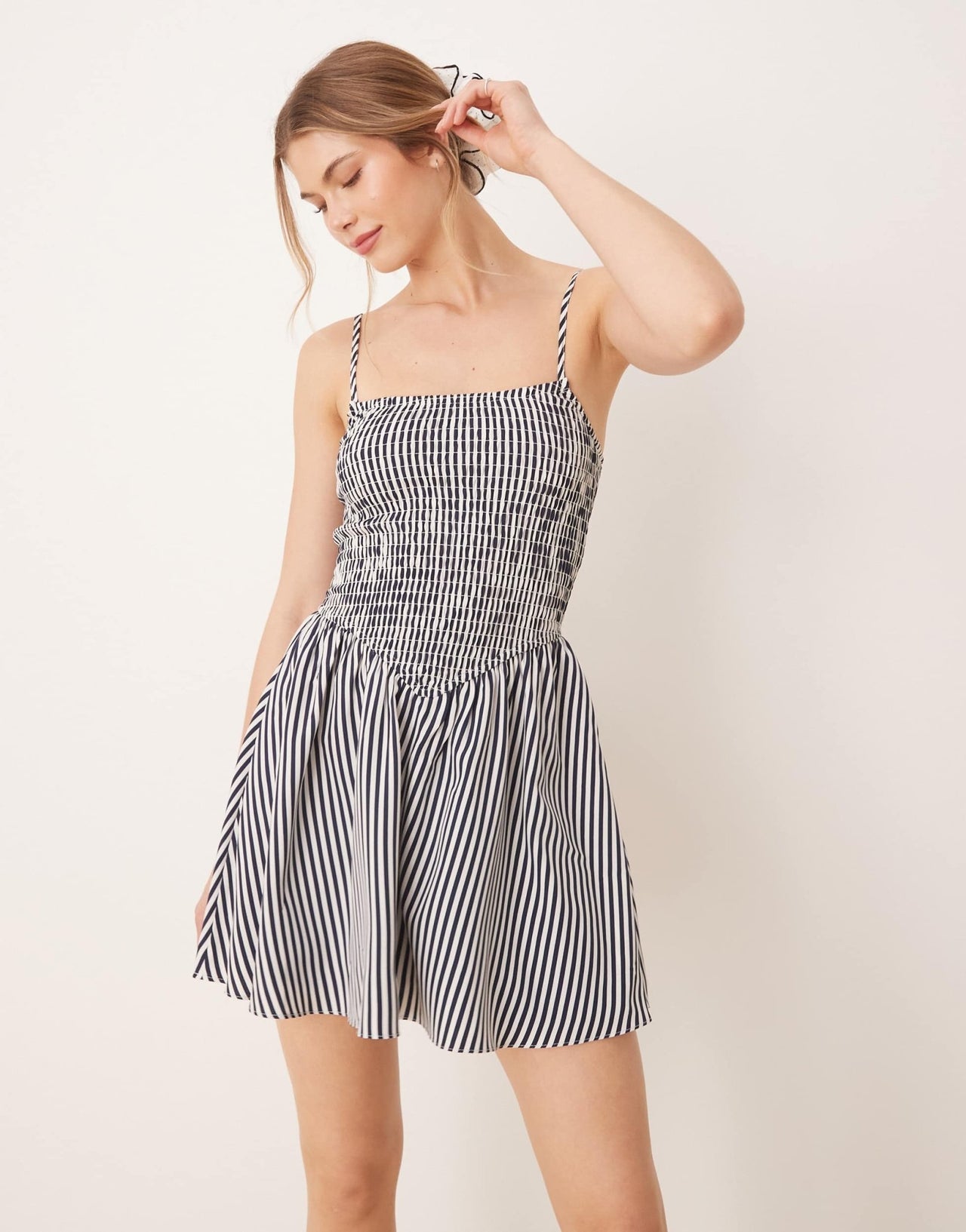 Glamorous shirred drop waist mini dress in navy white stripe - ASOS Sample Sale