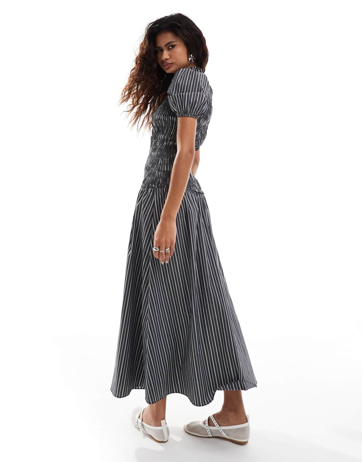Glamorous shirred high neck maxi dress in micro black stripe - ASOS Sample Sale