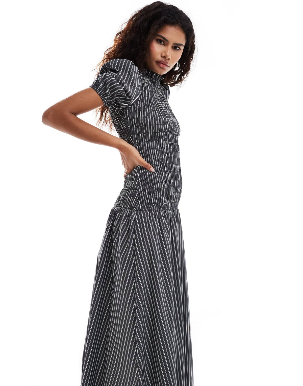 Glamorous shirred high neck maxi dress in micro black stripe - ASOS Sample Sale