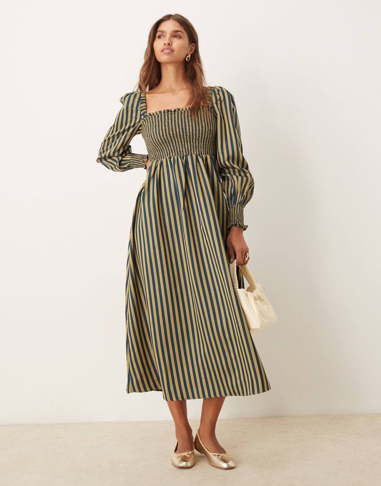 Glamorous shirred midi dress with puff sleeves in navy yellow stripe - ASOS Sample Sale