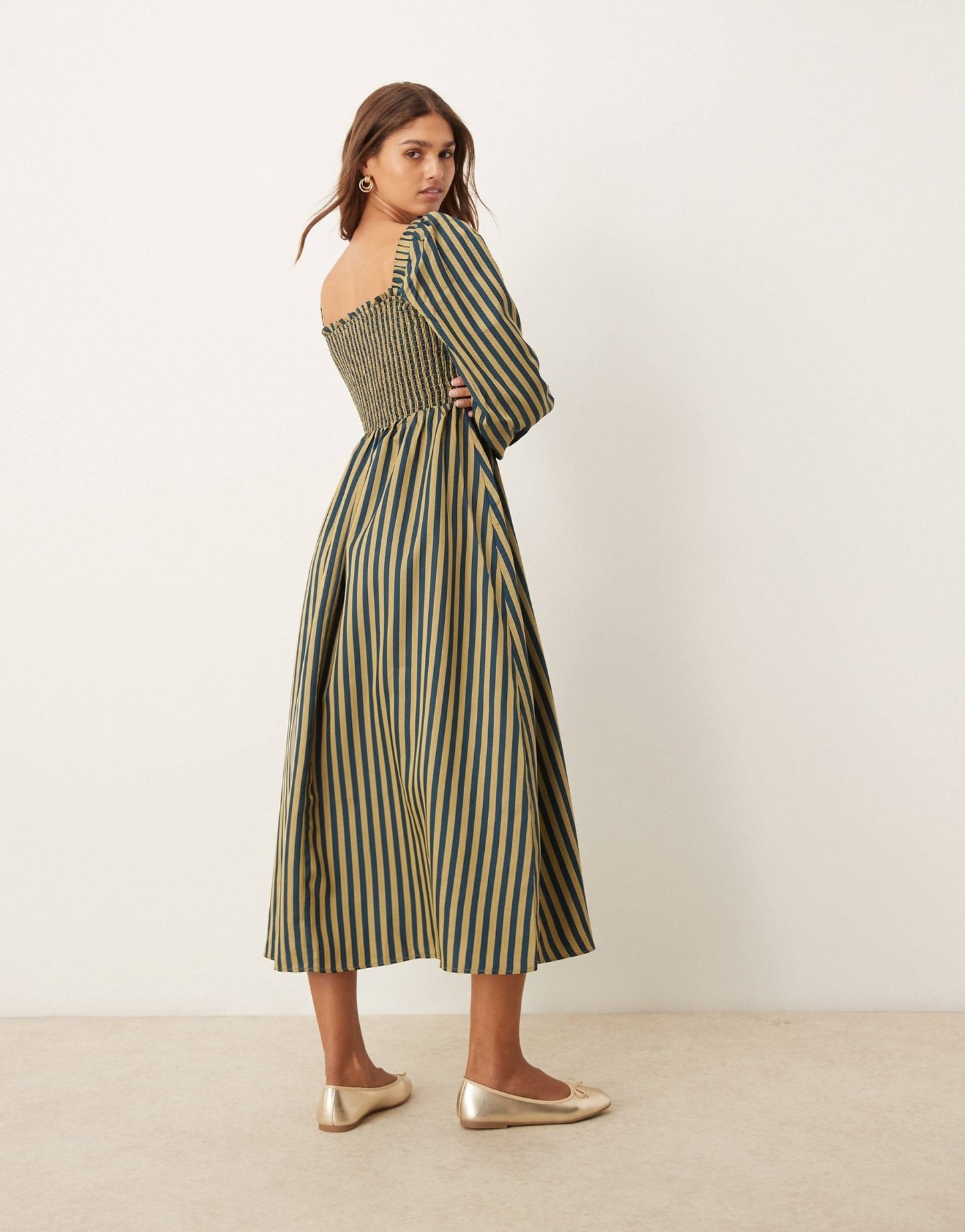 Glamorous shirred midi dress with puff sleeves in navy yellow stripe - ASOS Sample Sale