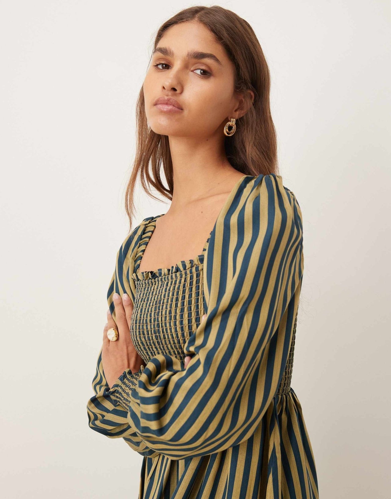 Glamorous shirred midi dress with puff sleeves in navy yellow stripe - ASOS Sample Sale