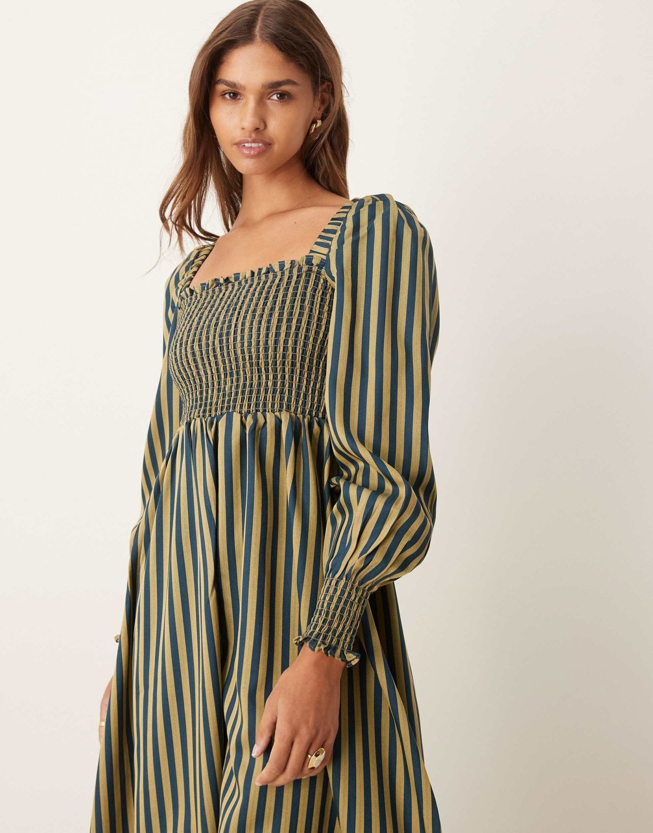 Glamorous shirred midi dress with puff sleeves in navy yellow stripe - ASOS Sample Sale