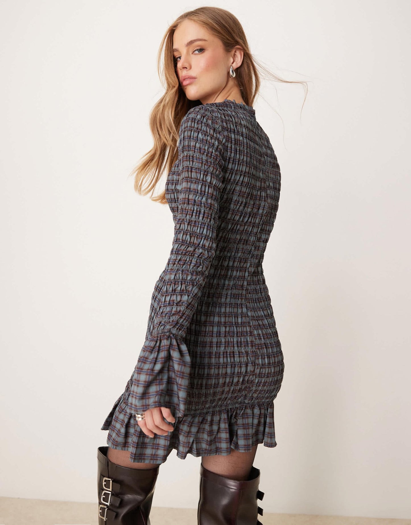 Glamorous shirred mini dress in blue check - ASOS Sample Sale