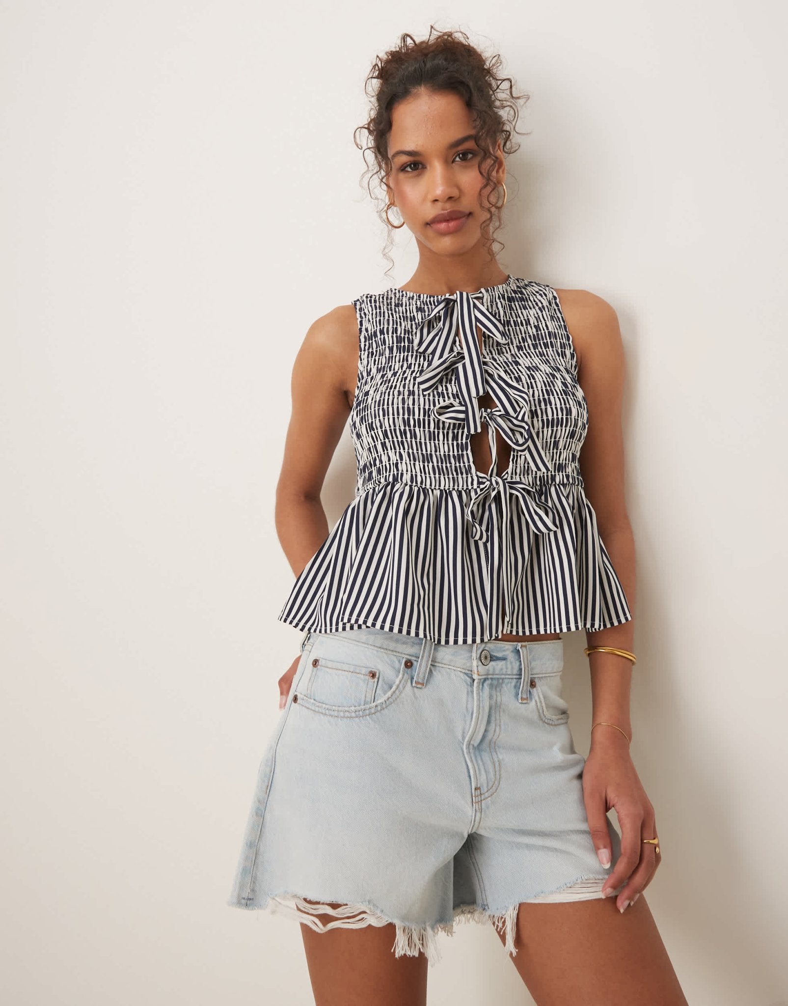 Glamorous shirred top with peplum and front bows in navy white stripe - ASOS Sample Sale