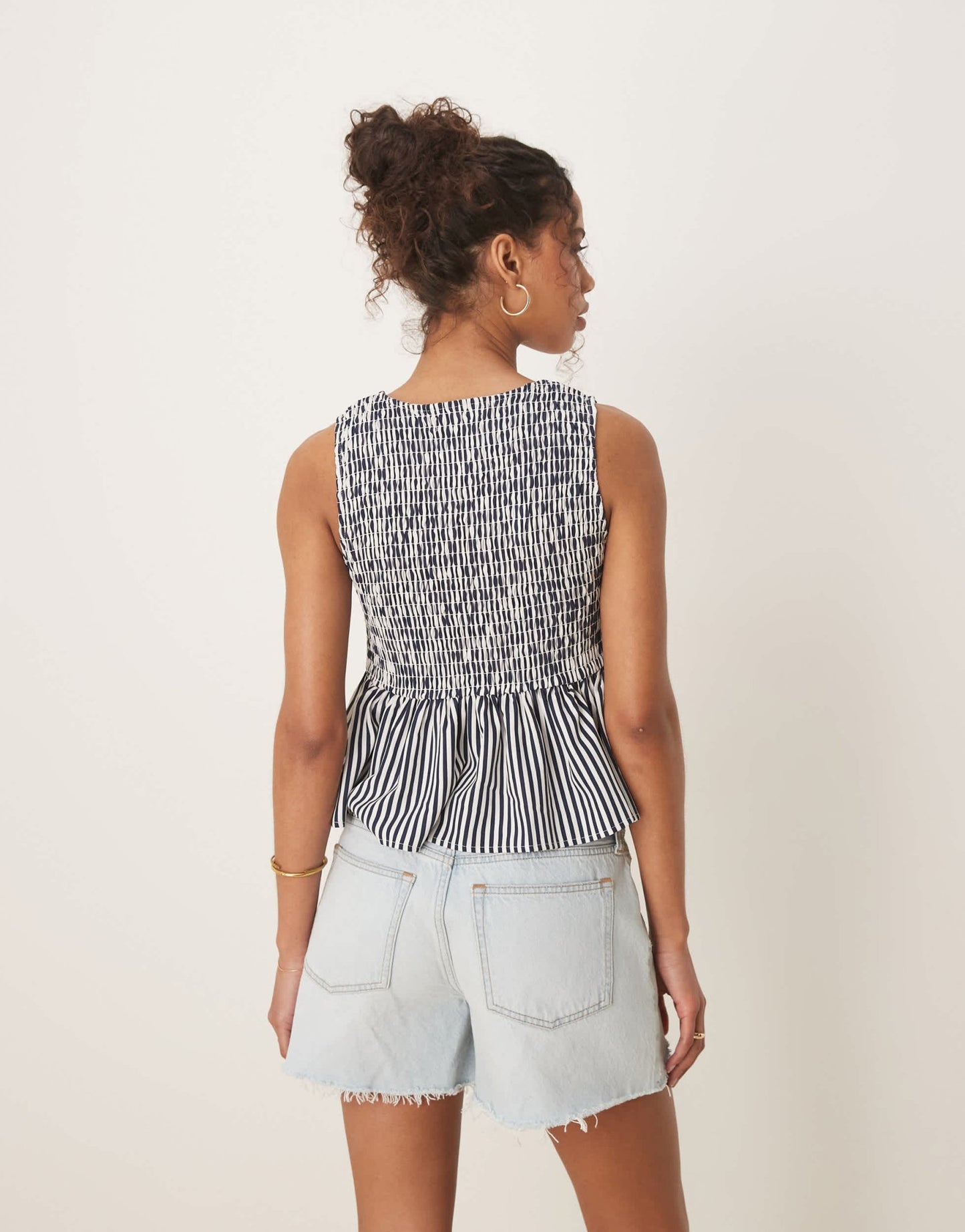 Glamorous shirred top with peplum and front bows in navy white stripe - ASOS Sample Sale