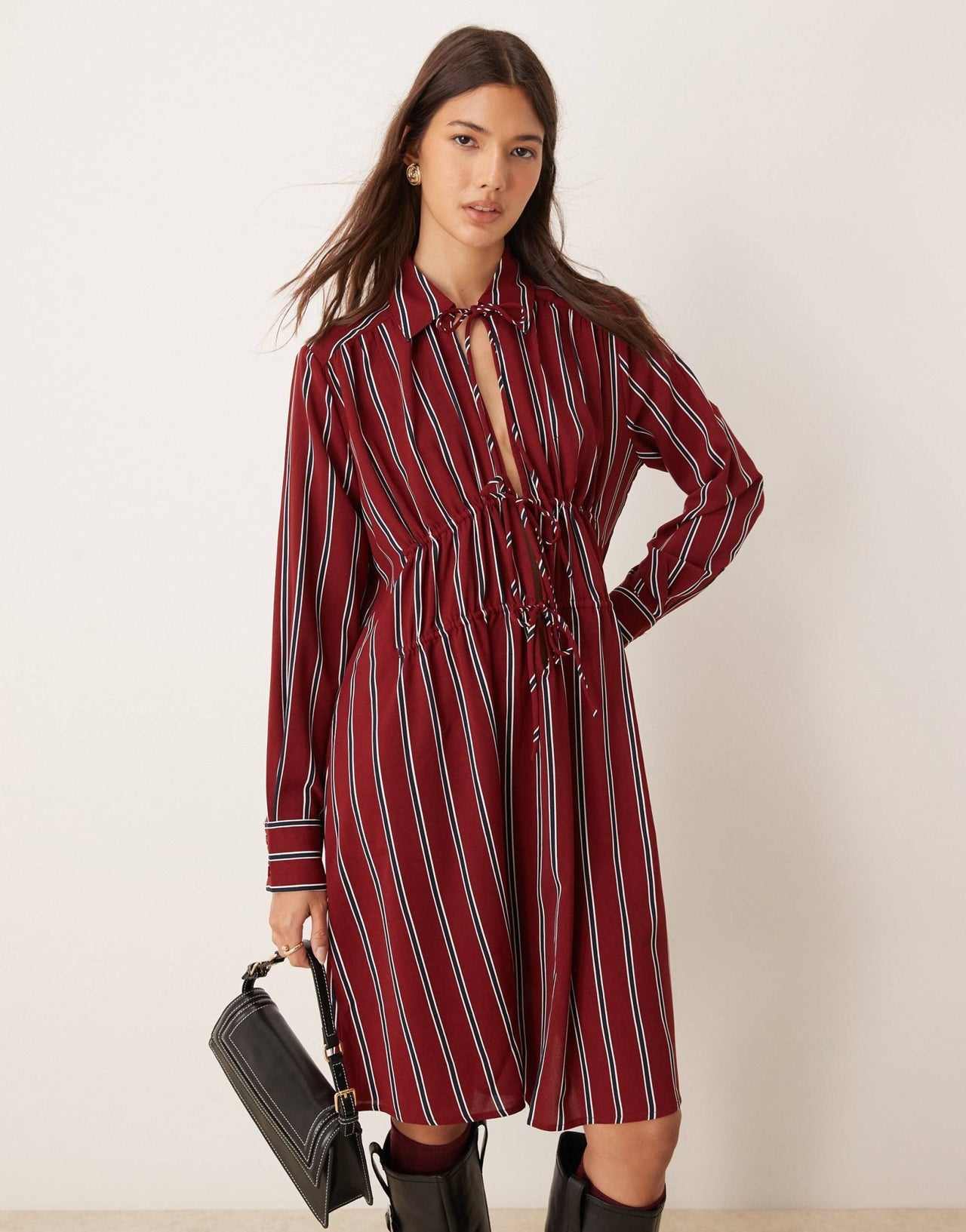 Glamorous smock chuck on dress with bow tie front in burgundy navy stripe - ASOS Sample Sale