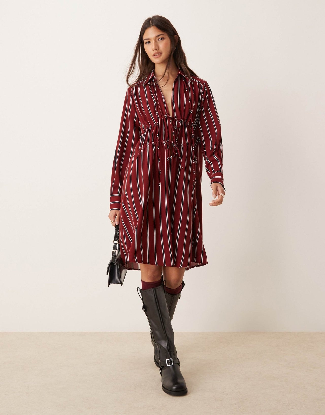 Glamorous smock chuck on dress with bow tie front in burgundy navy stripe - ASOS Sample Sale