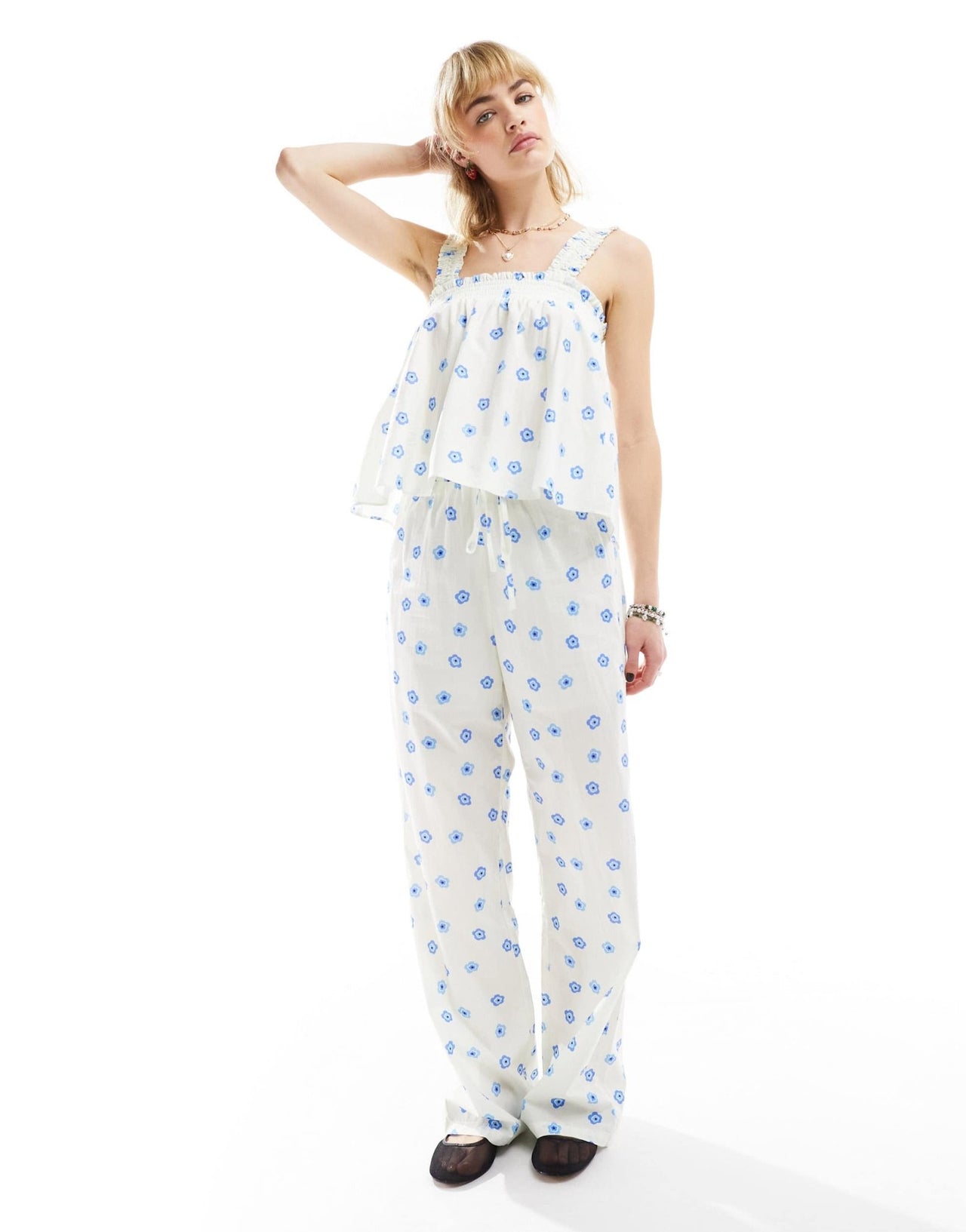 Glamorous tie waist wide leg relaxed trousers in blue ditsy co - ord - ASOS Sample Sale
