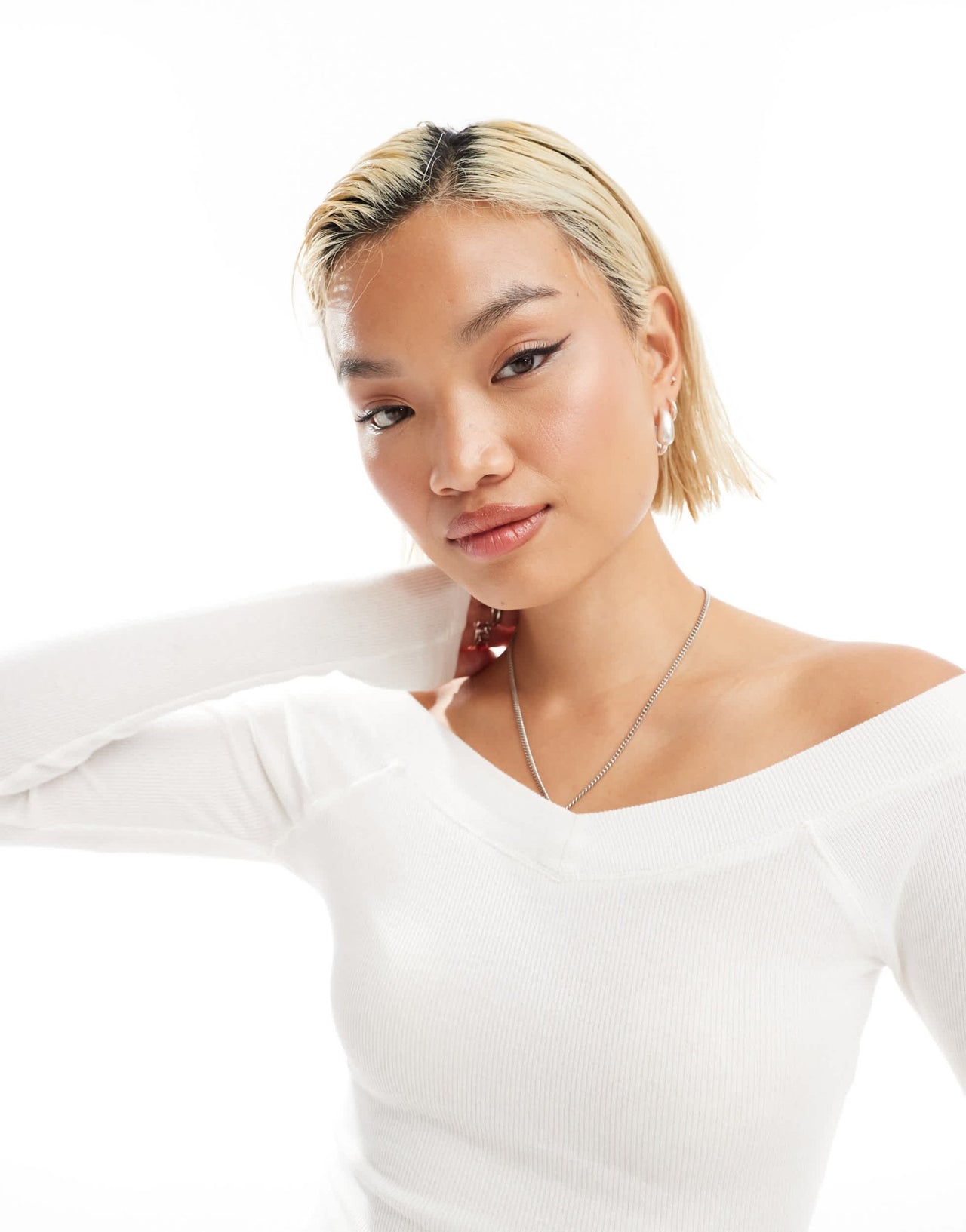 Glamorous v neck ribbed long sleeve top in white - ASOS Sample Sale