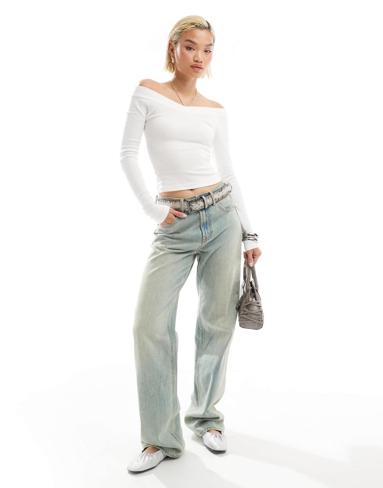 Glamorous v neck ribbed long sleeve top in white - ASOS Sample Sale