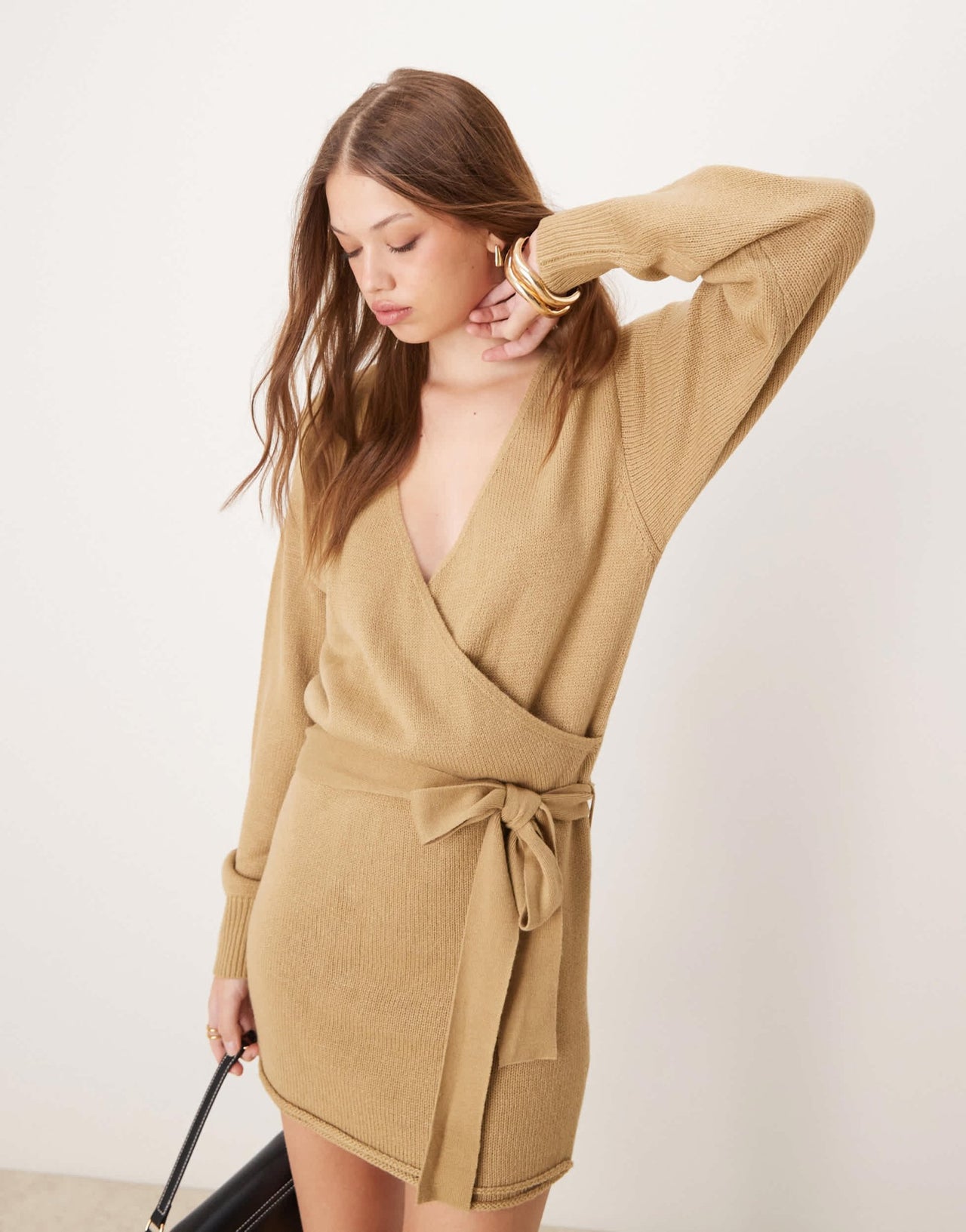Glamorous wrap knitted mini dress in khaki - ASOS Sample Sale