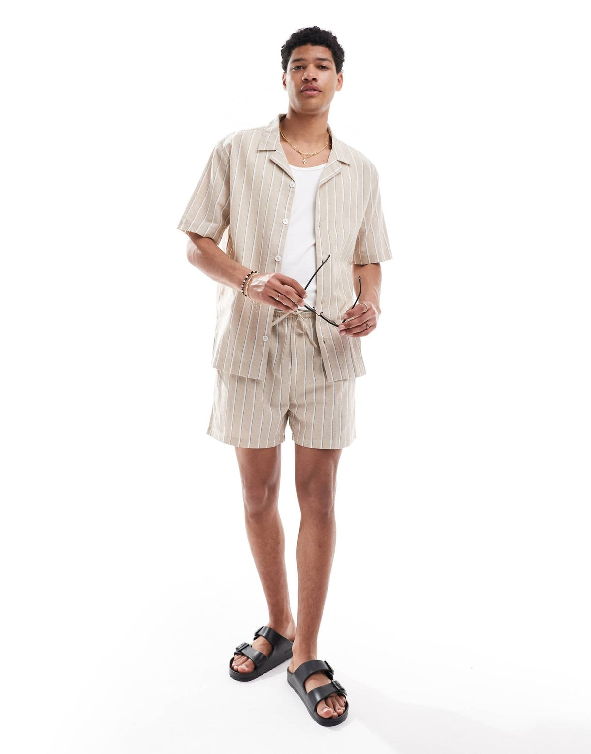 Goldsboro revere stripe shirt in white and stone - ASOS Sample Sale