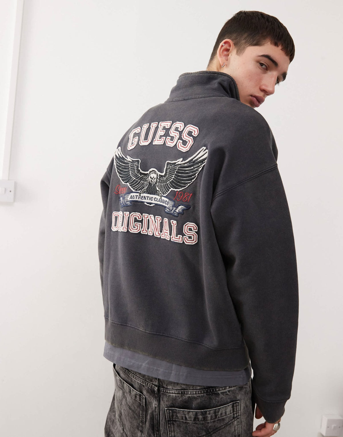 Guess Originals washed half zip sweatshirt in black with back embroidery - ASOS Sample Sale