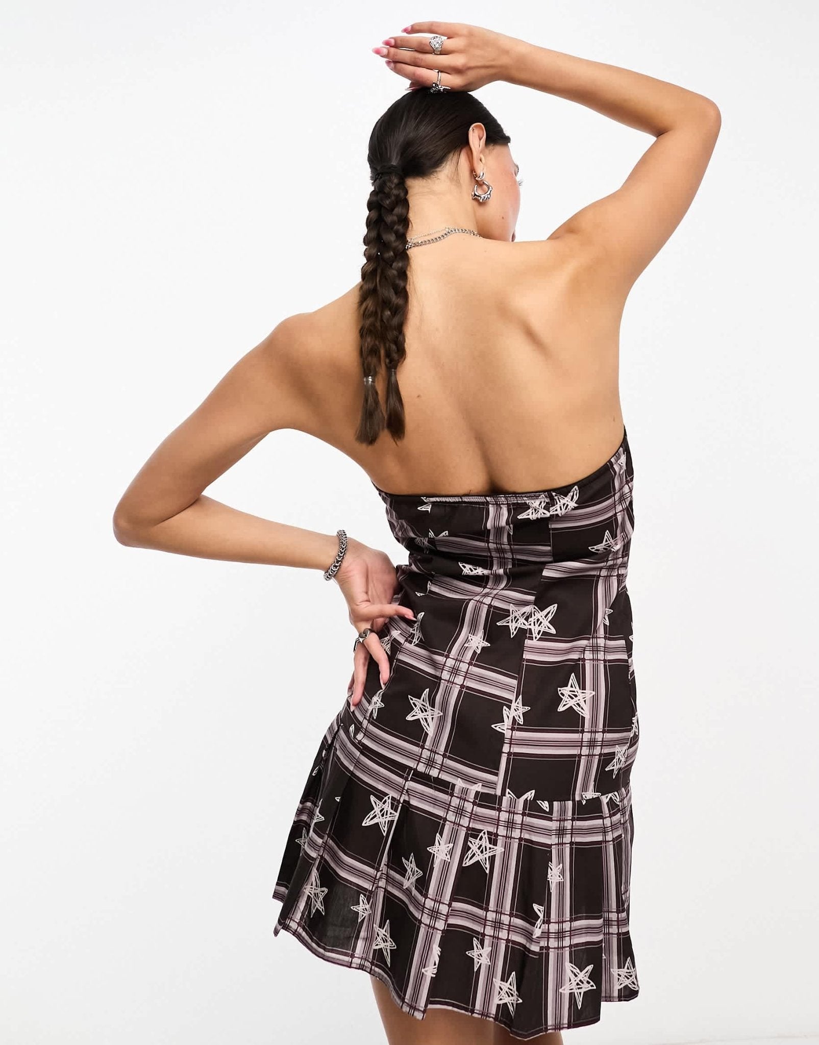 Heartbreak bandeau mini dress with pleated peplum hem in brown star print - ASOS Sample Sale
