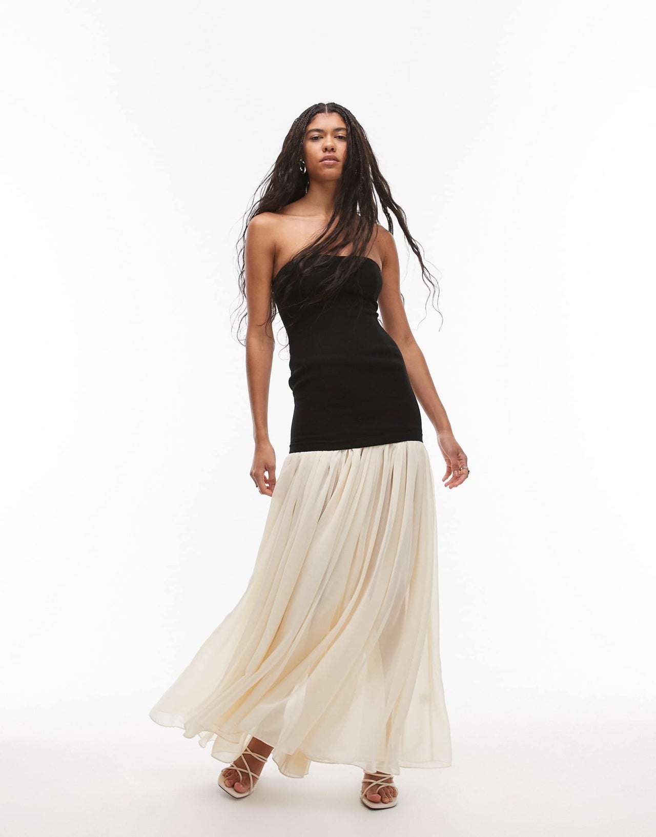 Heiress Beverly Hills bandeau drop waist chiffon maxi dress in black & cream - ASOS Sample Sale