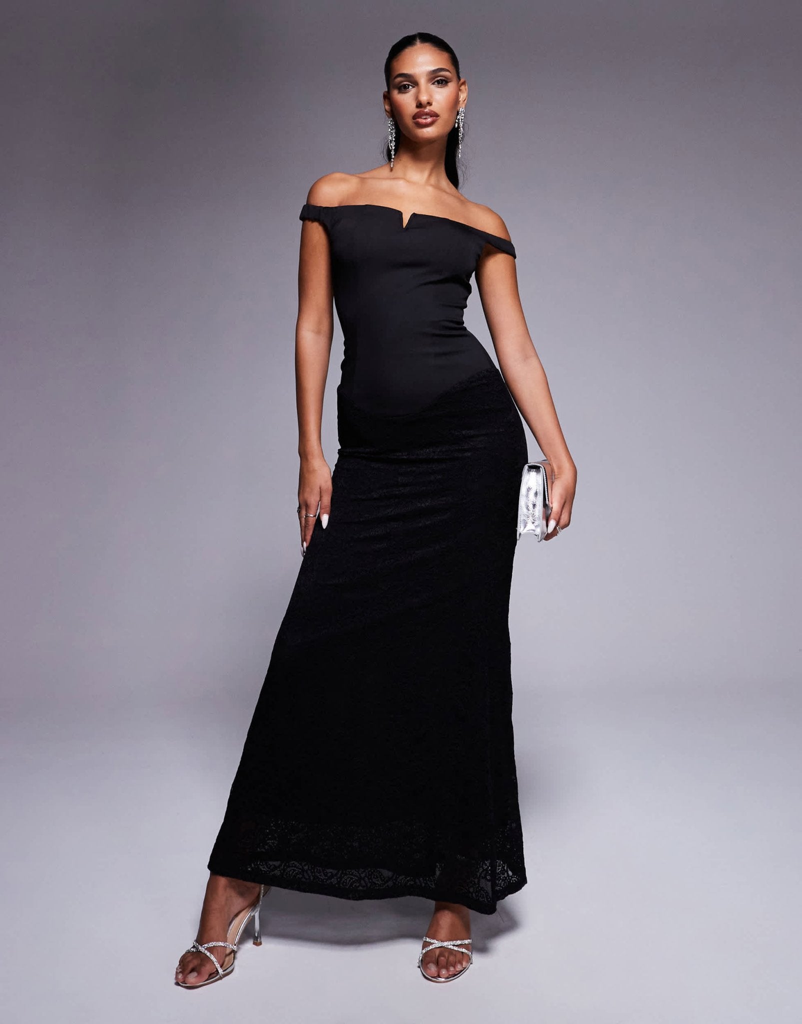 Heiress Beverly Hills exclusive bardot notch front contrast lace maxi dress in black - ASOS Sample Sale
