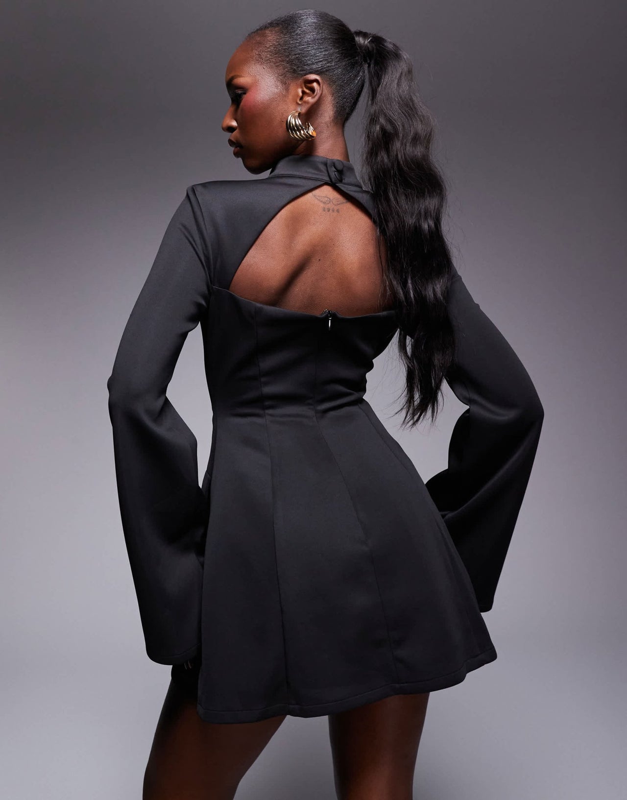 Heiress Beverly Hills exclusive sculpted high neck cut out flared sleeve mini dress in black - ASOS Sample Sale