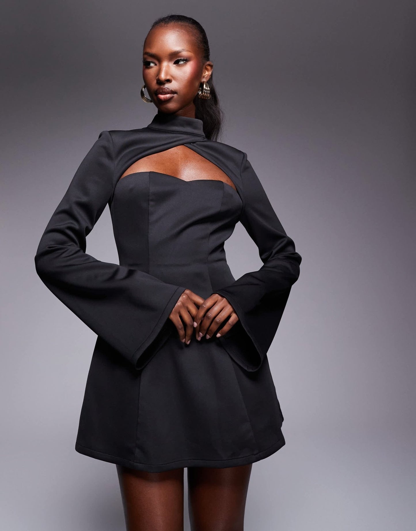 Heiress Beverly Hills exclusive sculpted high neck cut out flared sleeve mini dress in black - ASOS Sample Sale