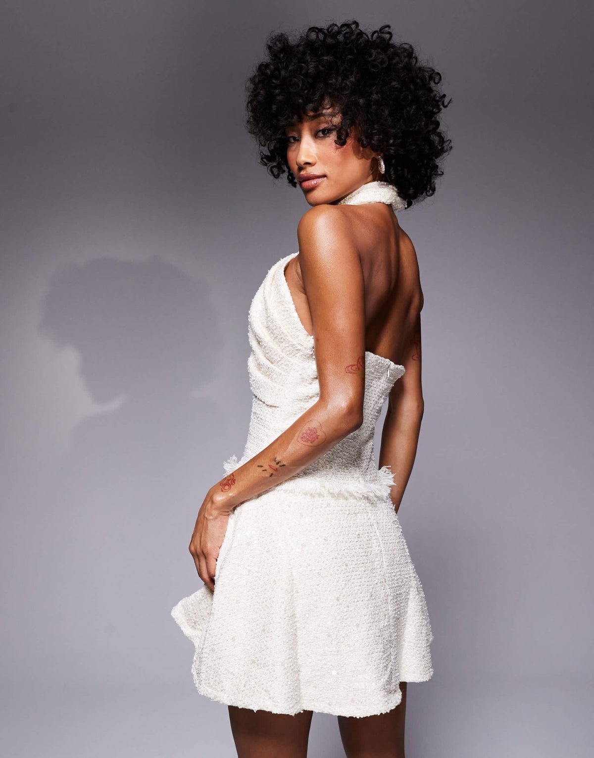 Heiress Beverly Hills premium sequin boucle halterneck ruffle hem mini dress in cream - ASOS Sample Sale