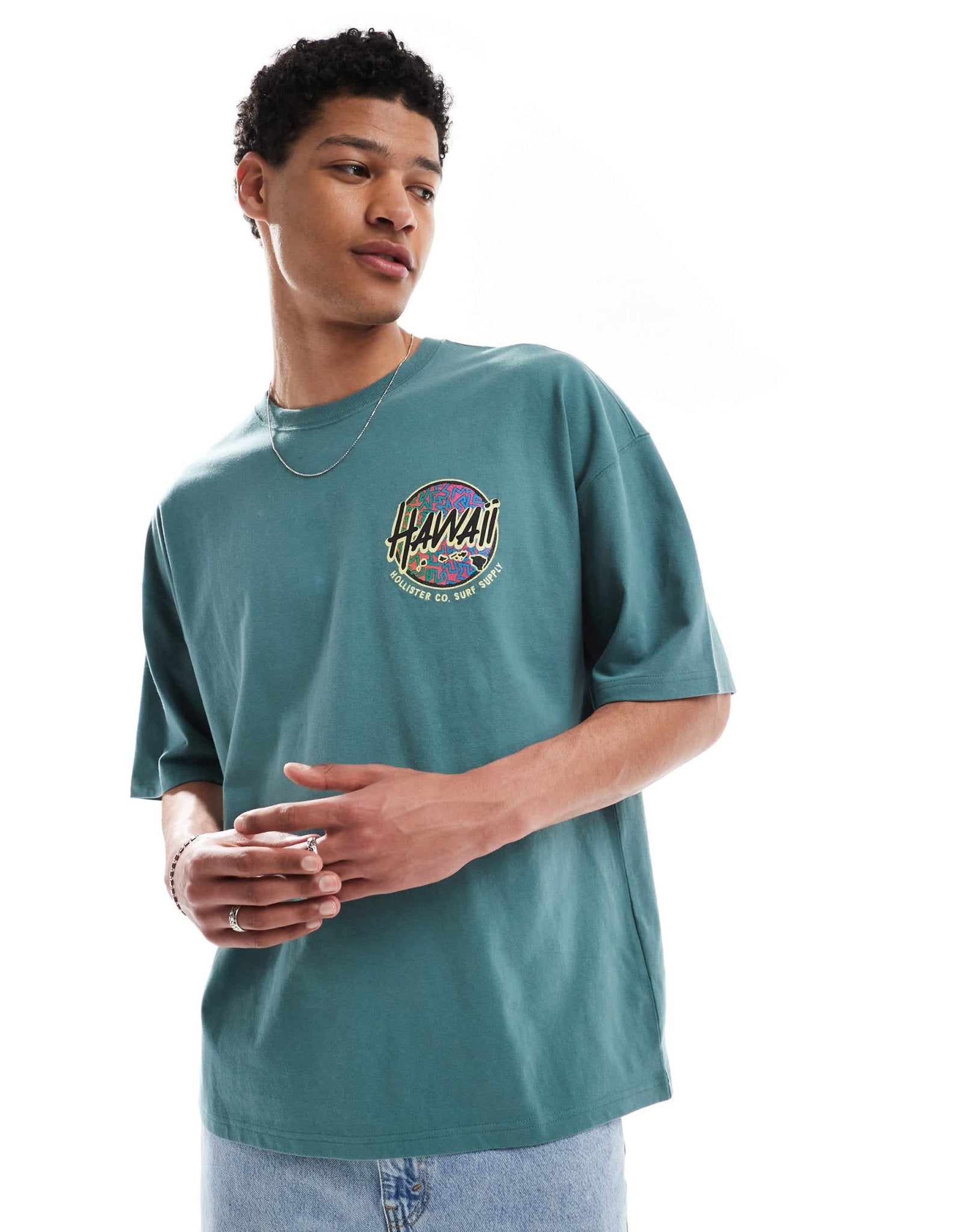 Hollister baggy motif detail t-shirt in green - ASOS Sample Sale