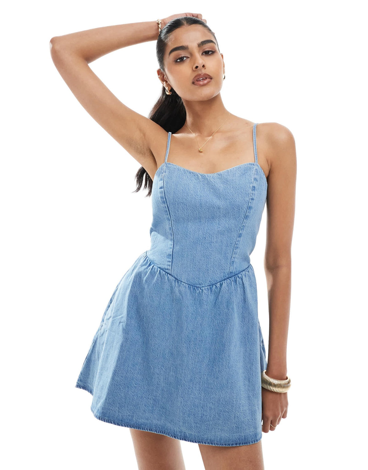 Hollister drop waist sleeveless tie back mini dress in light wash denim - ASOS Sample Sale