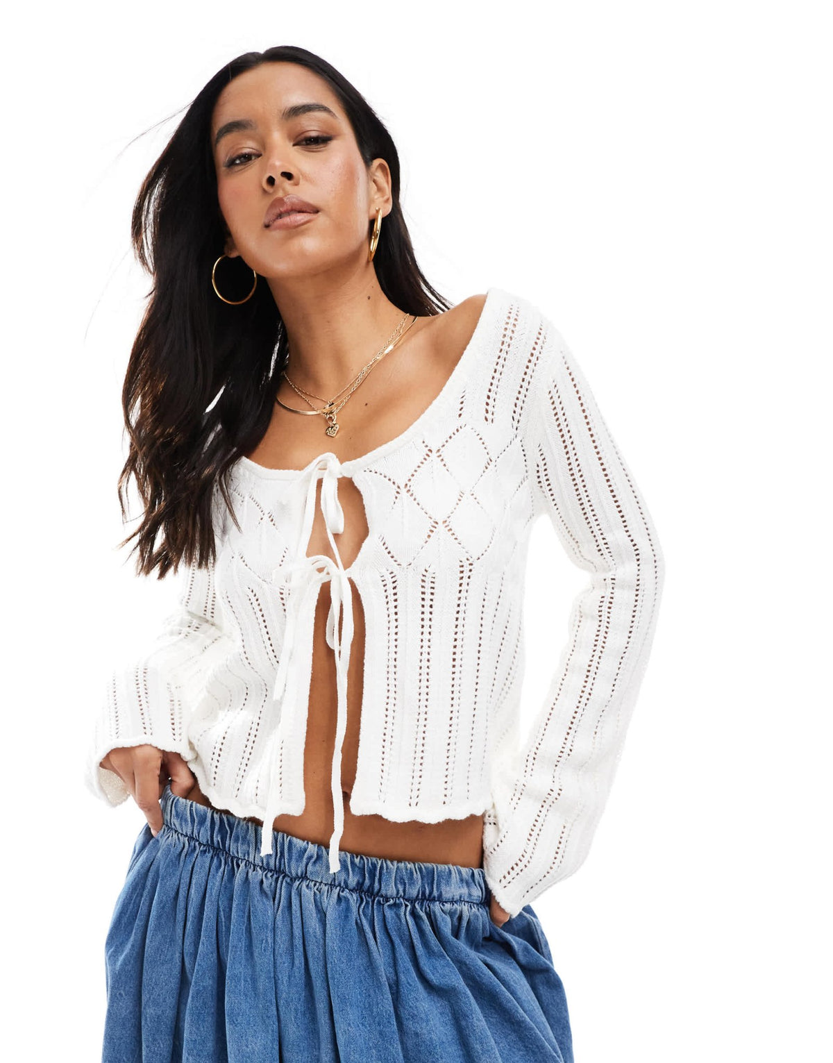 Hollister long sleeve tie front crochet top in cream - ASOS Sample Sale