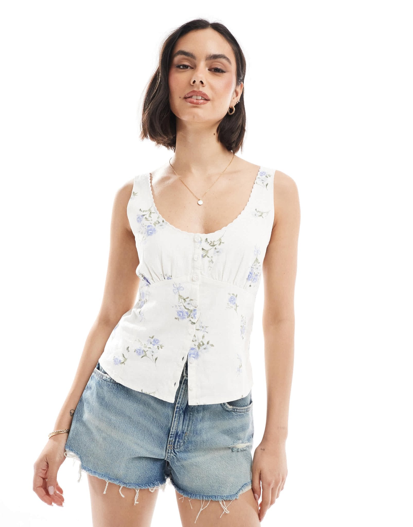 Hollister low neckline linen button through vest in blue floral - ASOS Sample Sale