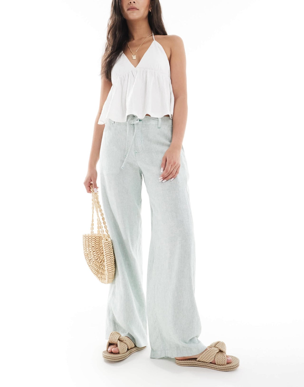 Hollister low rise linen super baggy trousers green and white stripe - ASOS Sample Sale