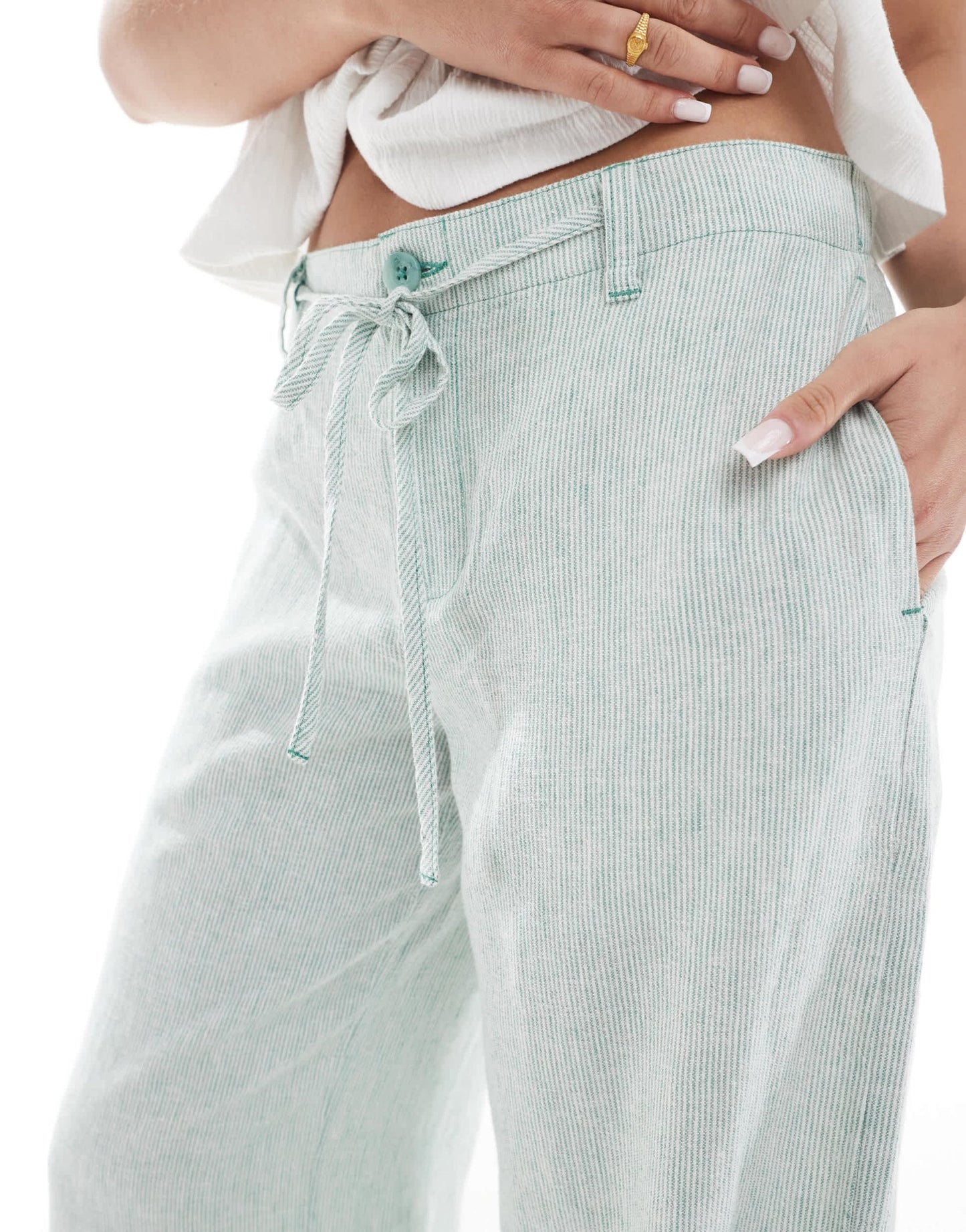 Hollister low rise linen super baggy trousers green and white stripe - ASOS Sample Sale
