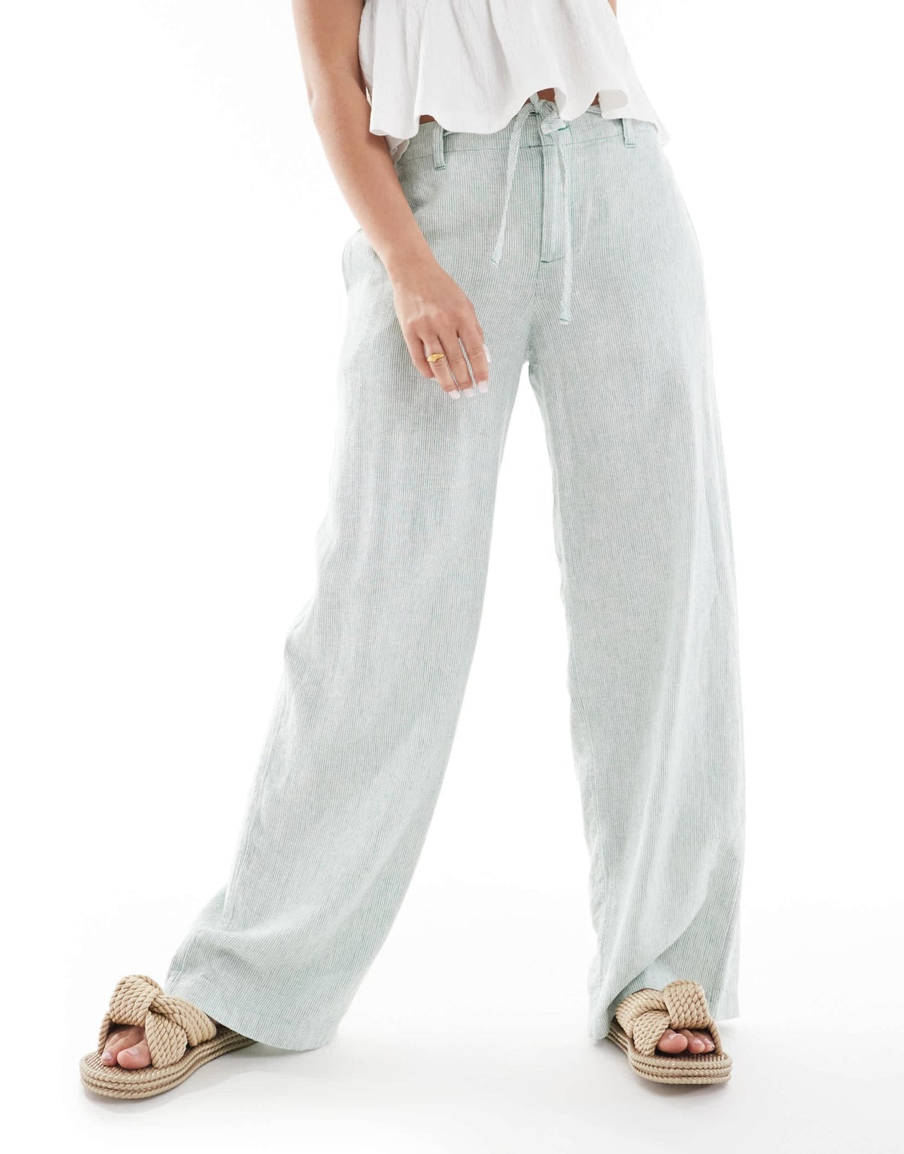 Hollister low rise linen super baggy trousers green and white stripe - ASOS Sample Sale