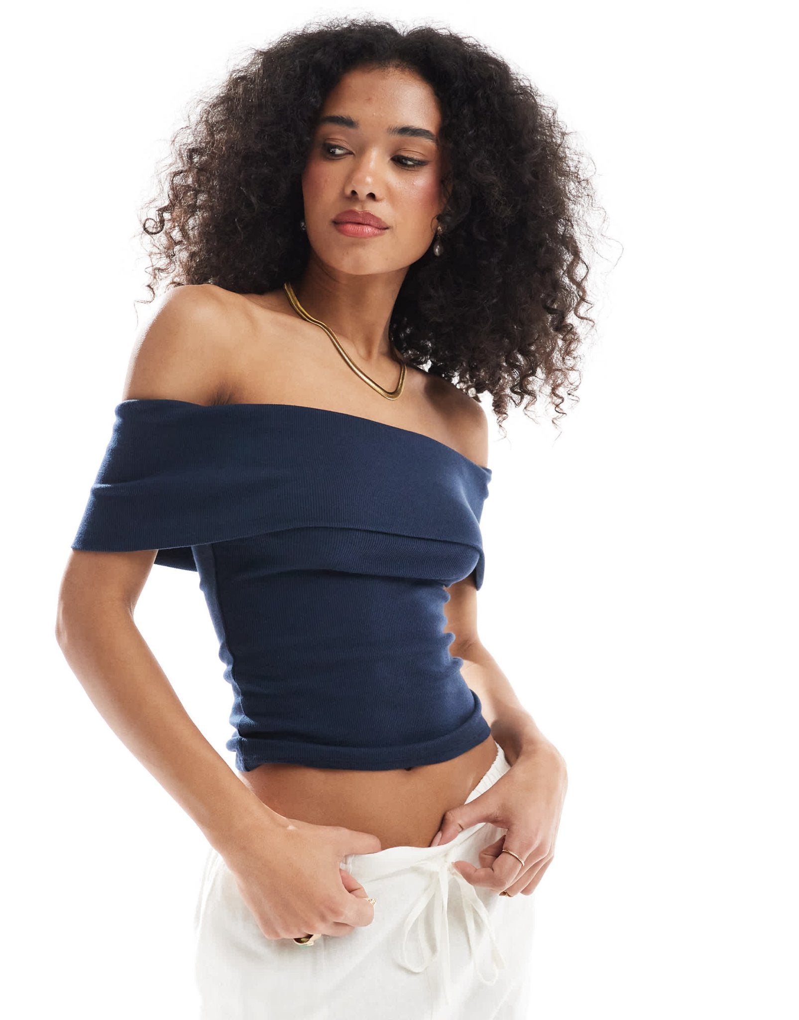 Hollister off the shoulder short sleeve top in sky blue - ASOS Sample Sale