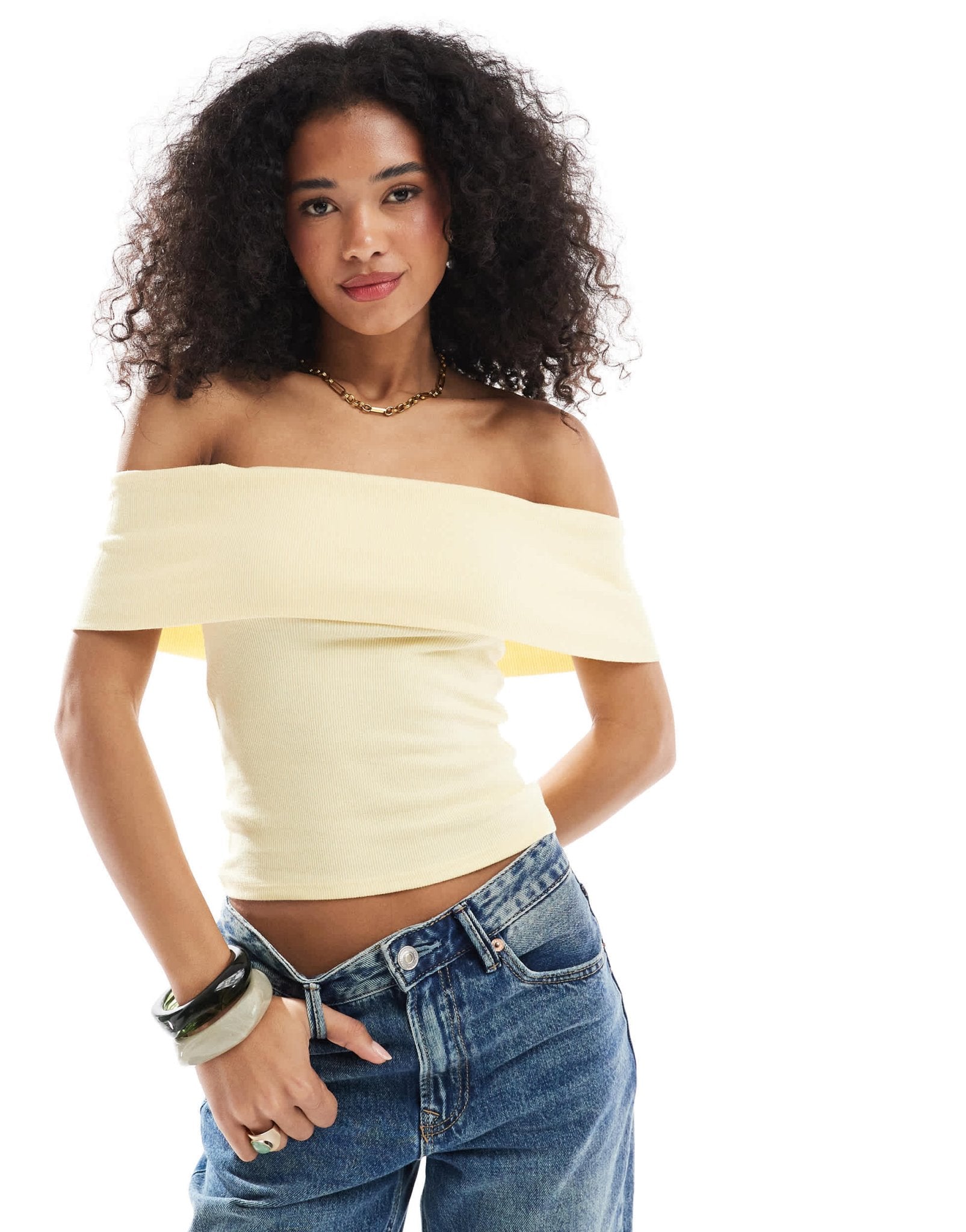 Hollister off the shoulder short sleeve top in yellow - ASOS Sample Sale
