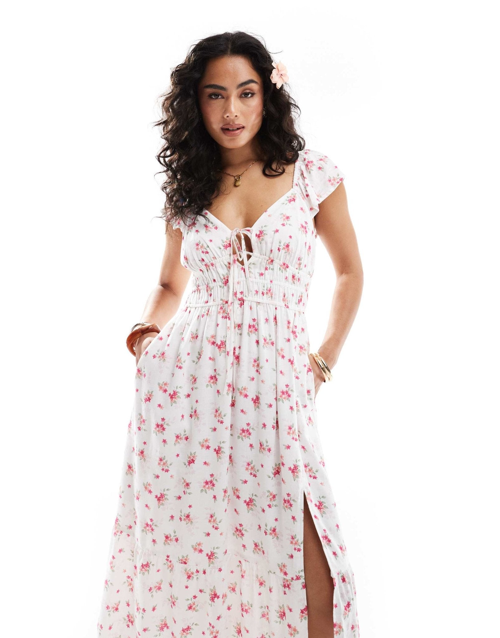 Hollister short sleeve milkmaid midi slit dress in pink floral - ASOS Sample Sale