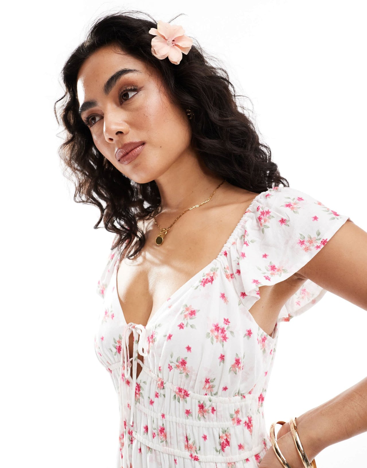 hollister pink dress short sleeve milkmaid midi slit in floral – ASOS Sample Sale Perfect for casual outings Clothing Size:L boho Wrap dress with sleeves Brown Sequin Fashion Nova