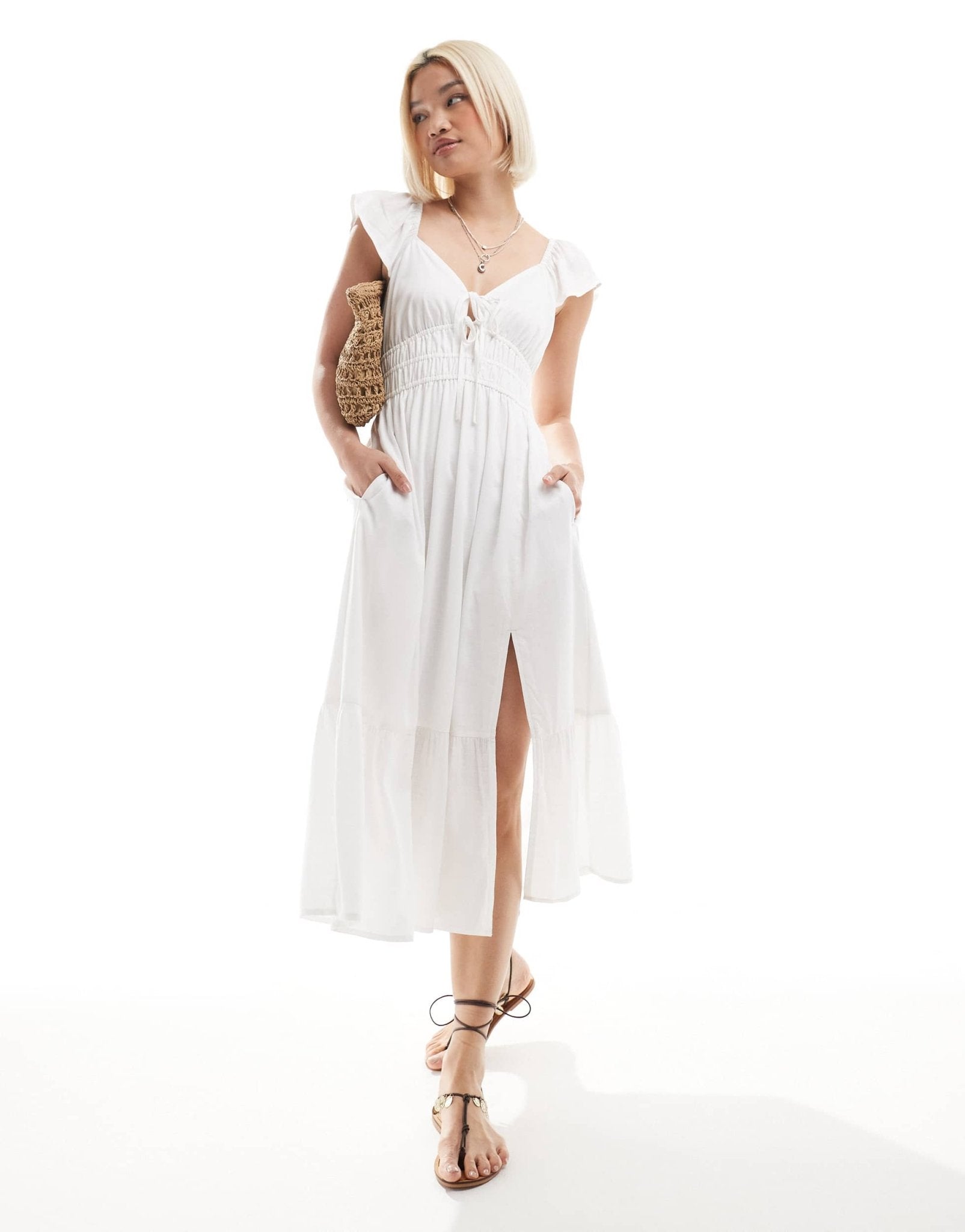 Hollister short sleeve milkmaid midi slit dress in white - ASOS Sample Sale