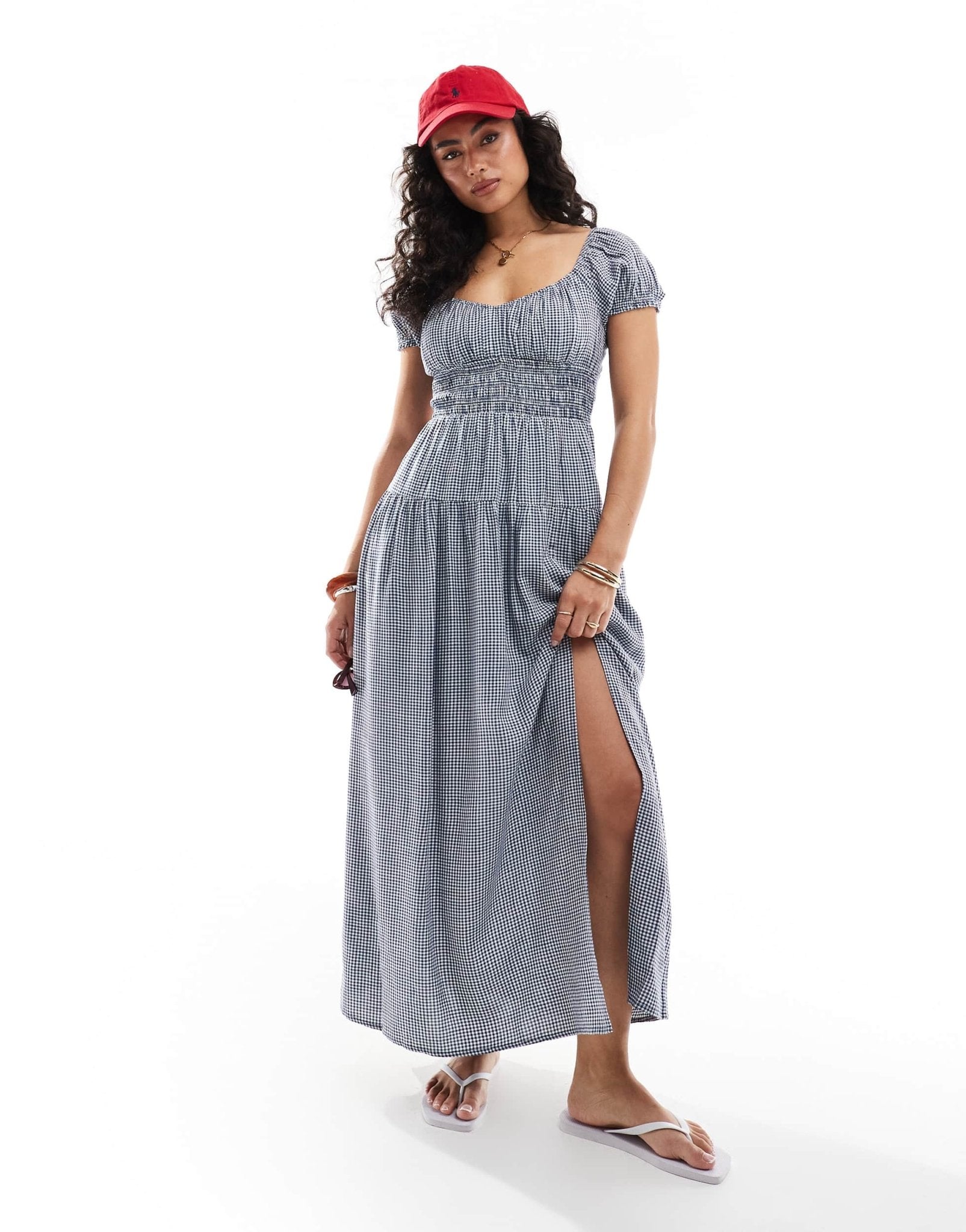 Hollister short sleeve milkmaid smocked waist maxi dress in blue picnic - ASOS Sample Sale