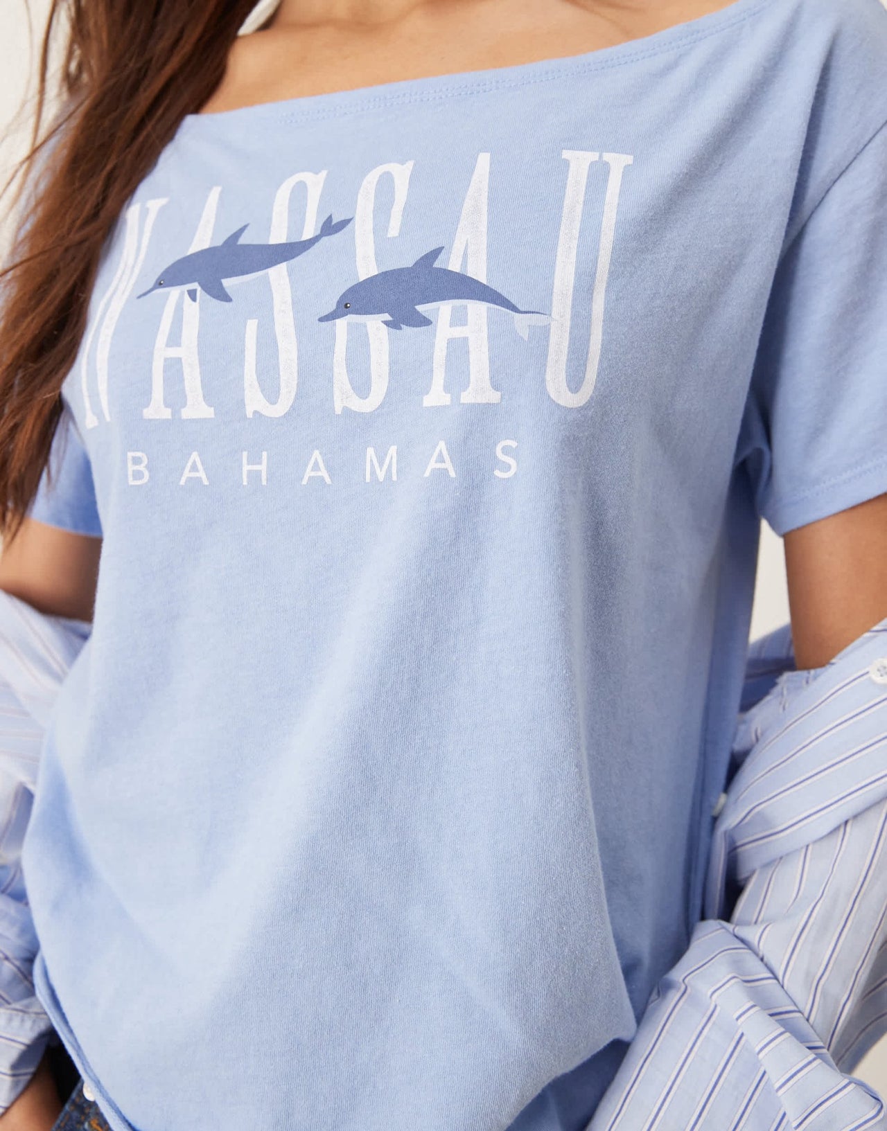 Hollister slash neck t-shirt with Nassau print in blue - ASOS Sample Sale