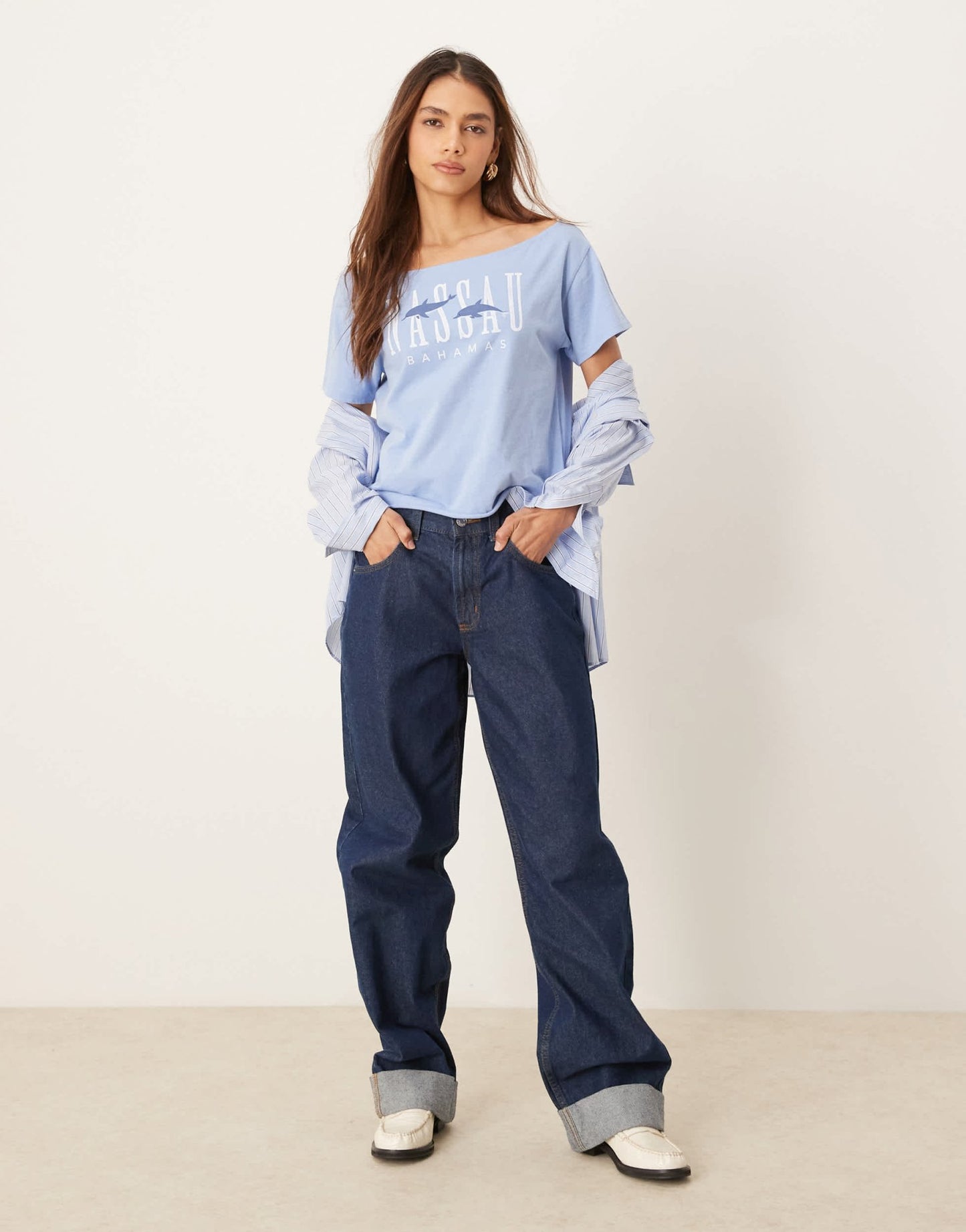 Hollister slash neck t-shirt with Nassau print in blue - ASOS Sample Sale