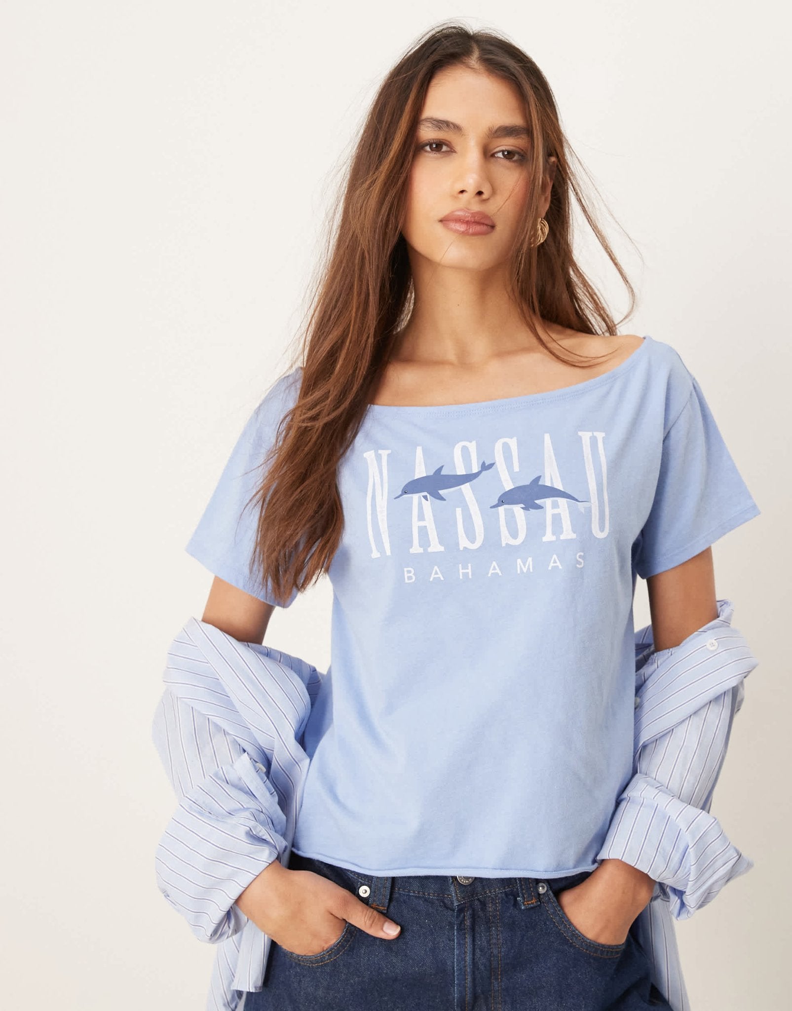 Hollister slash neck t-shirt with Nassau print in blue - ASOS Sample Sale