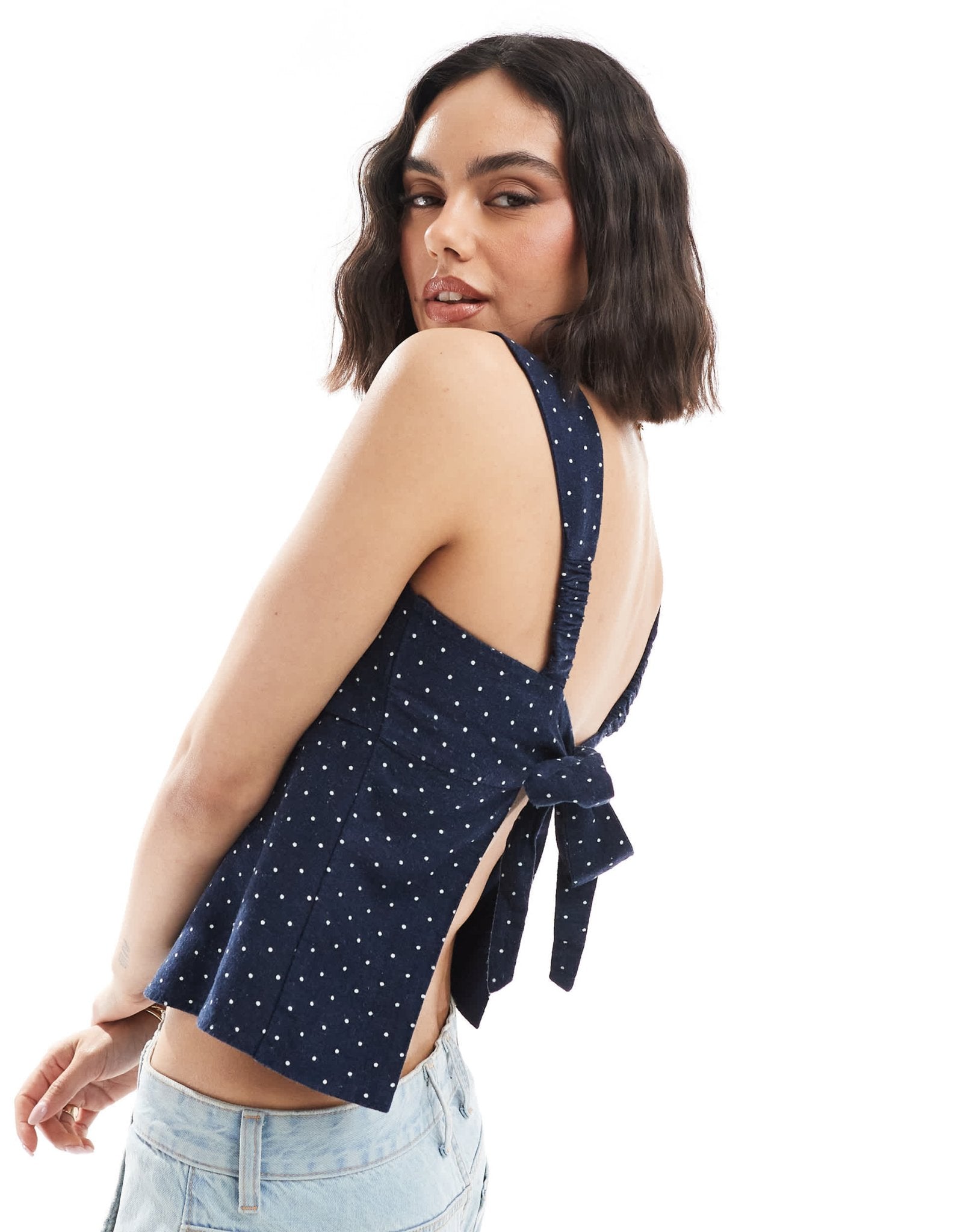 Hollister sleeveless tie back linen top in navy polka dot - ASOS Sample Sale