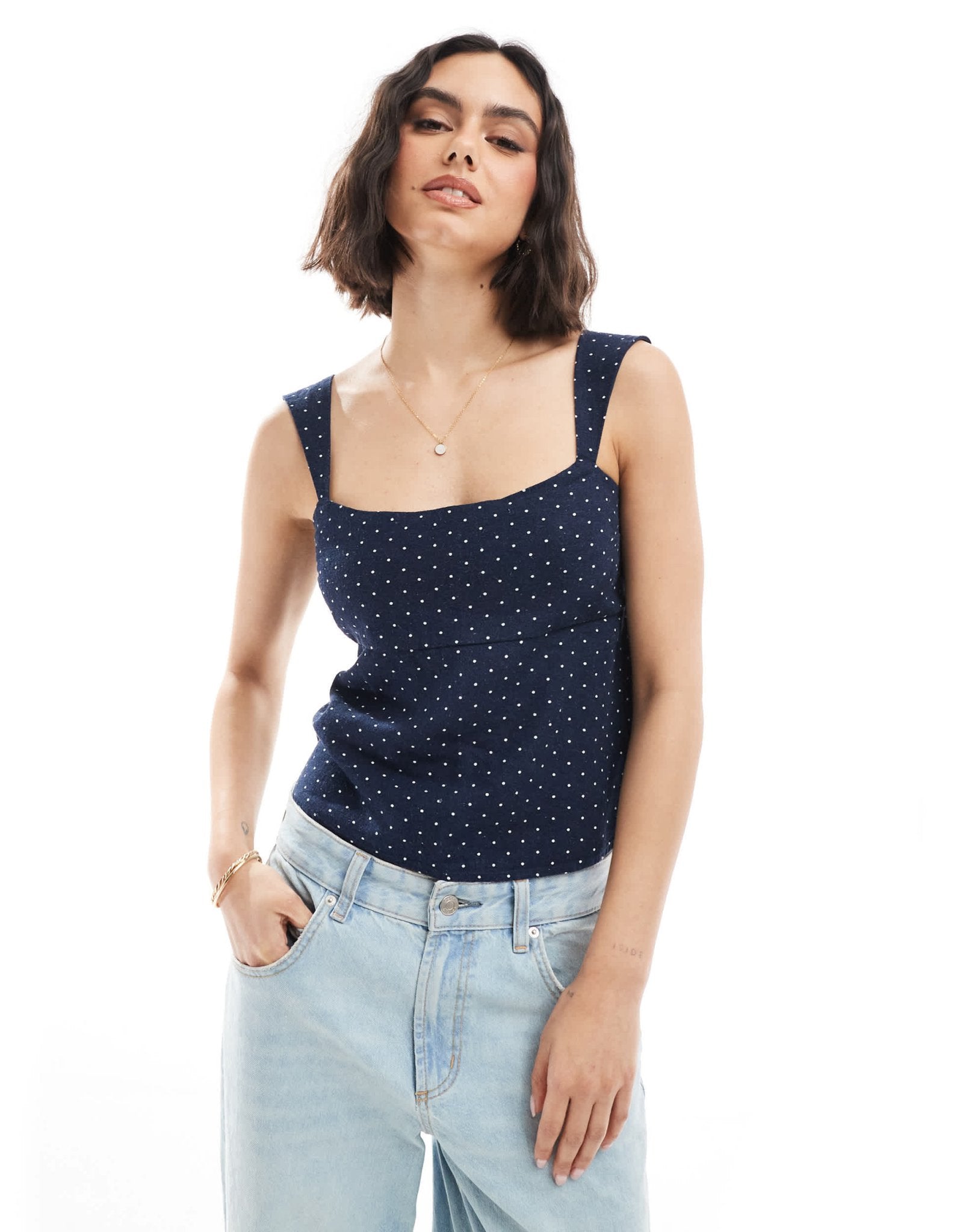 Hollister sleeveless tie back linen top in navy polka dot - ASOS Sample Sale