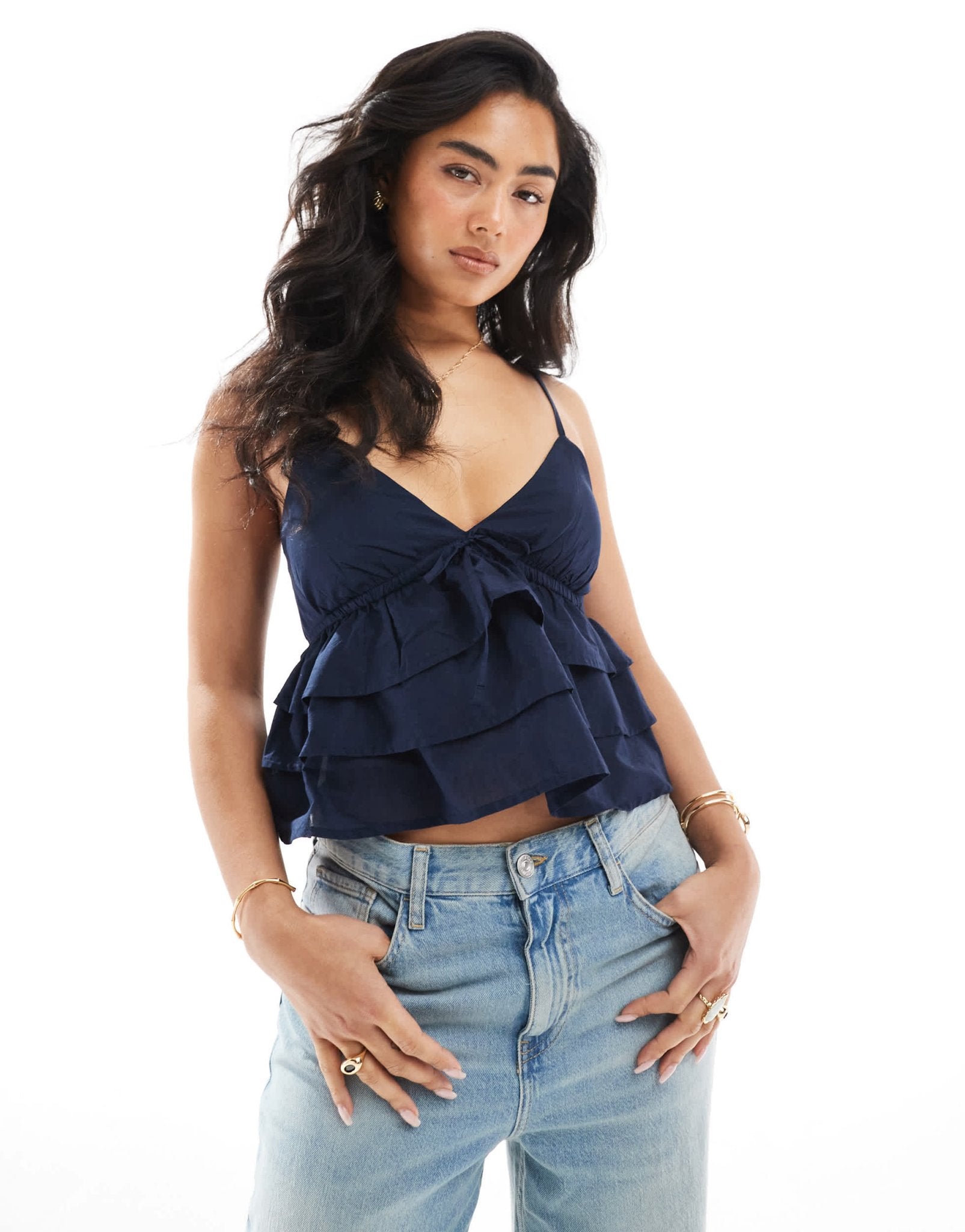 Hollister spaghetti strap v neck tiered top in navy - ASOS Sample Sale
